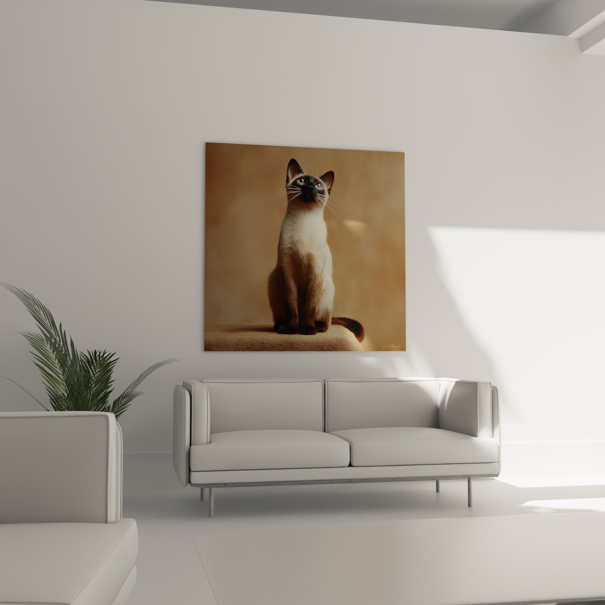 Primo piano quadro gatto siamese, dettagli occhi blu penetranti e mantello crema e marrone caratteristico