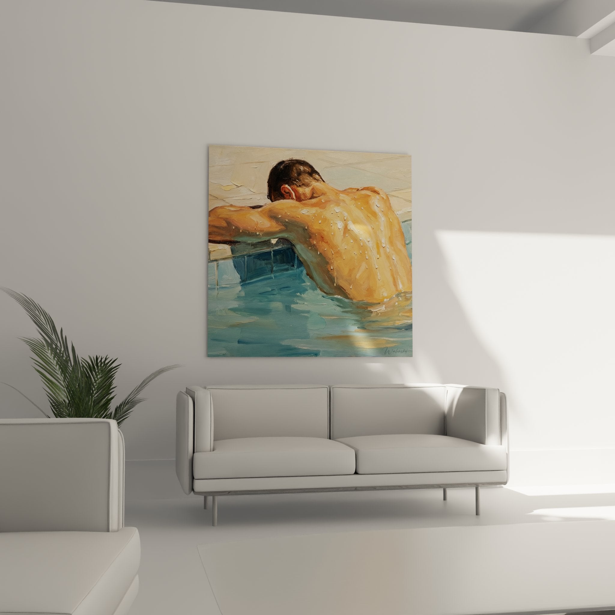 Swimmer painting detail showing brushwork technique water droplets on tanned skin realistic effect
