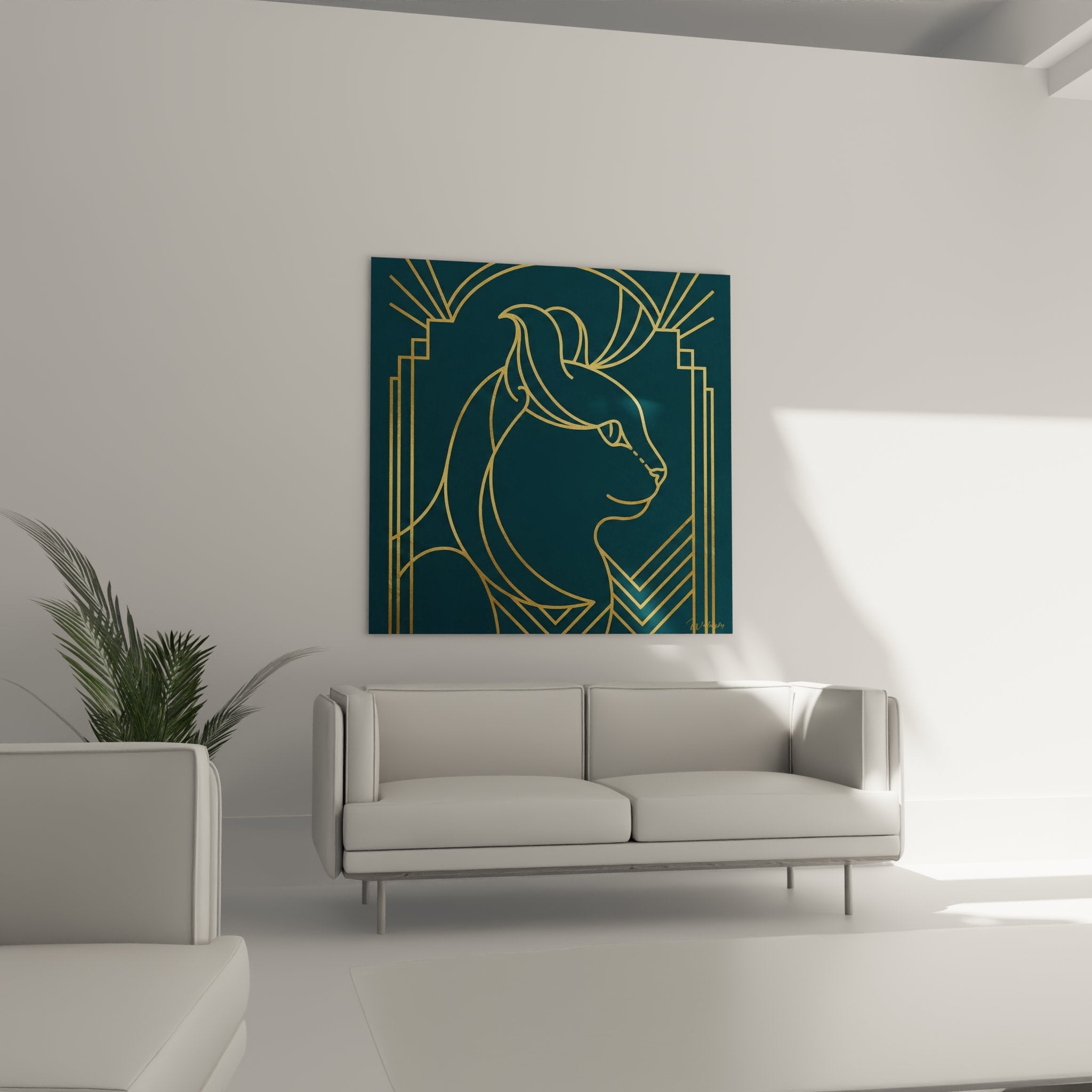 Dettaglio quadro gatto profilo dorato, motivi geometrici art déco su fondo blu petrolio, linee eleganti