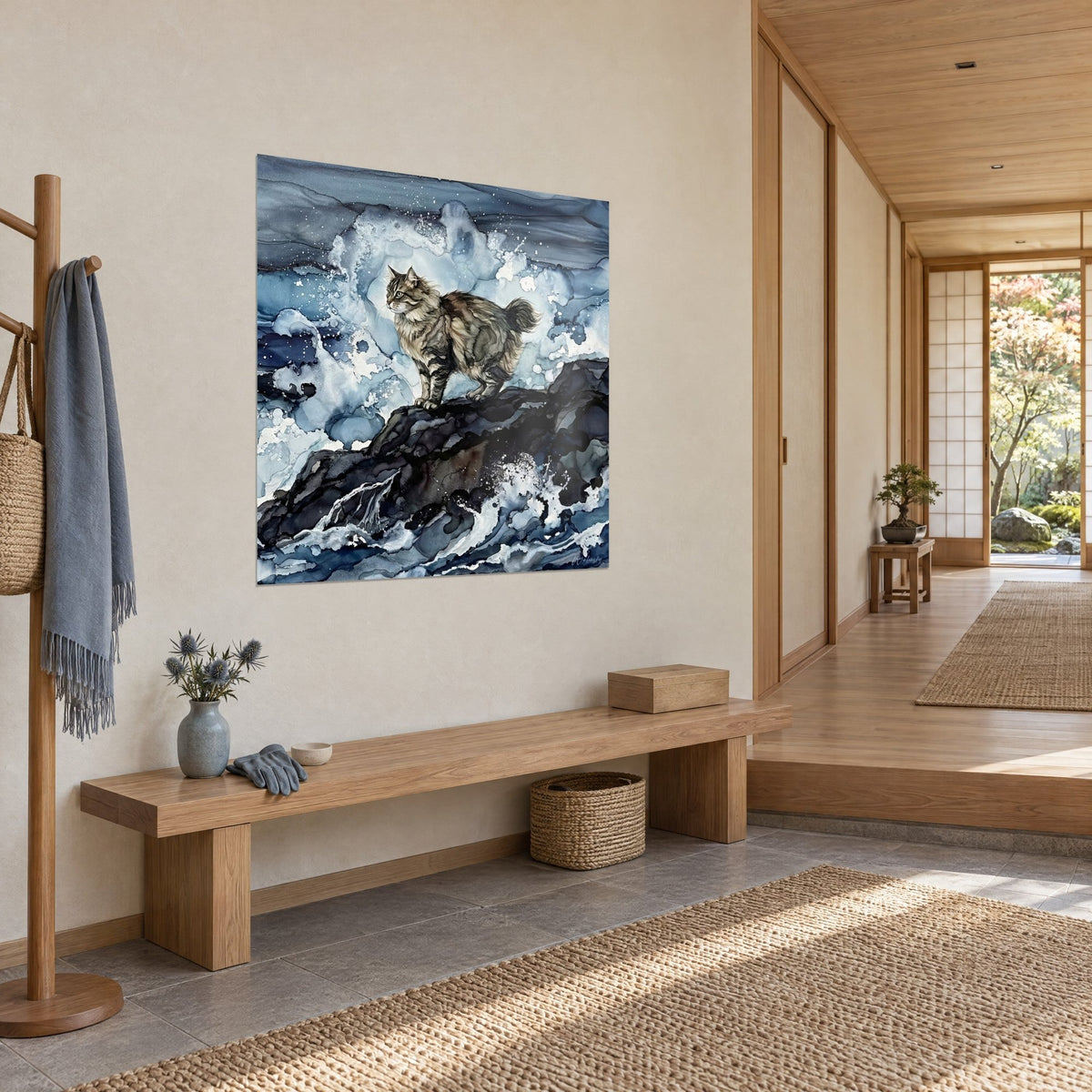 Quadro di un Kurilian Bobtail dal manto fulvo e beige di fronte ad onde blu notte, rocce d'inchiostro, corridoio japandi in legno chiaro
