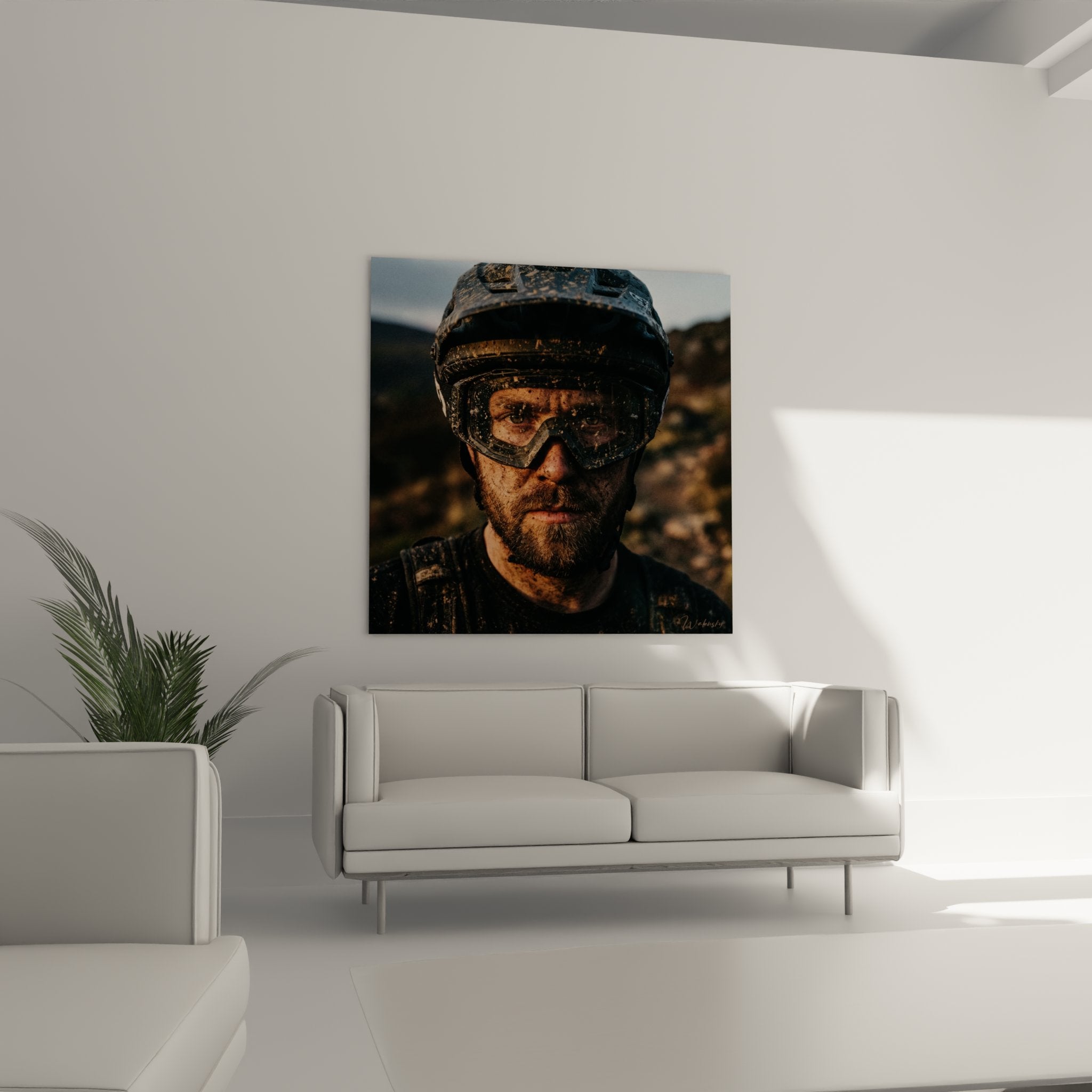 Close-up portrait artwork of determined mountain biker face with dirt protective eyewear helmet wall art MTB quality