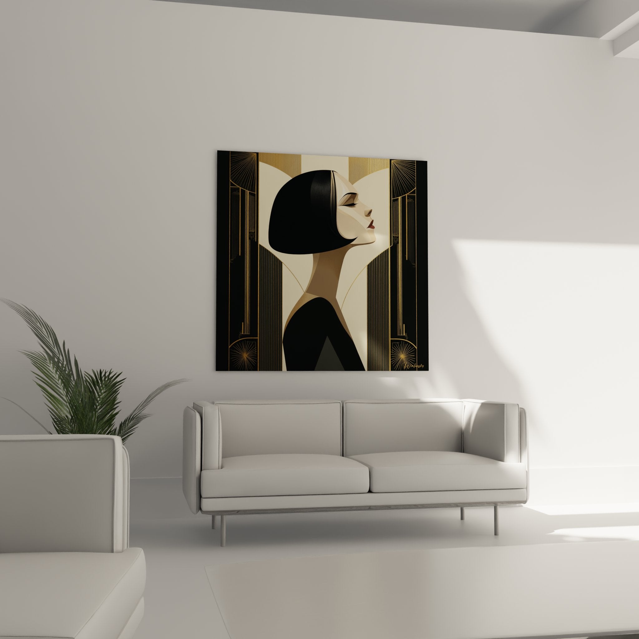 Feminine art deco portrait detail showcasing pure geometric lines and refined golden palette