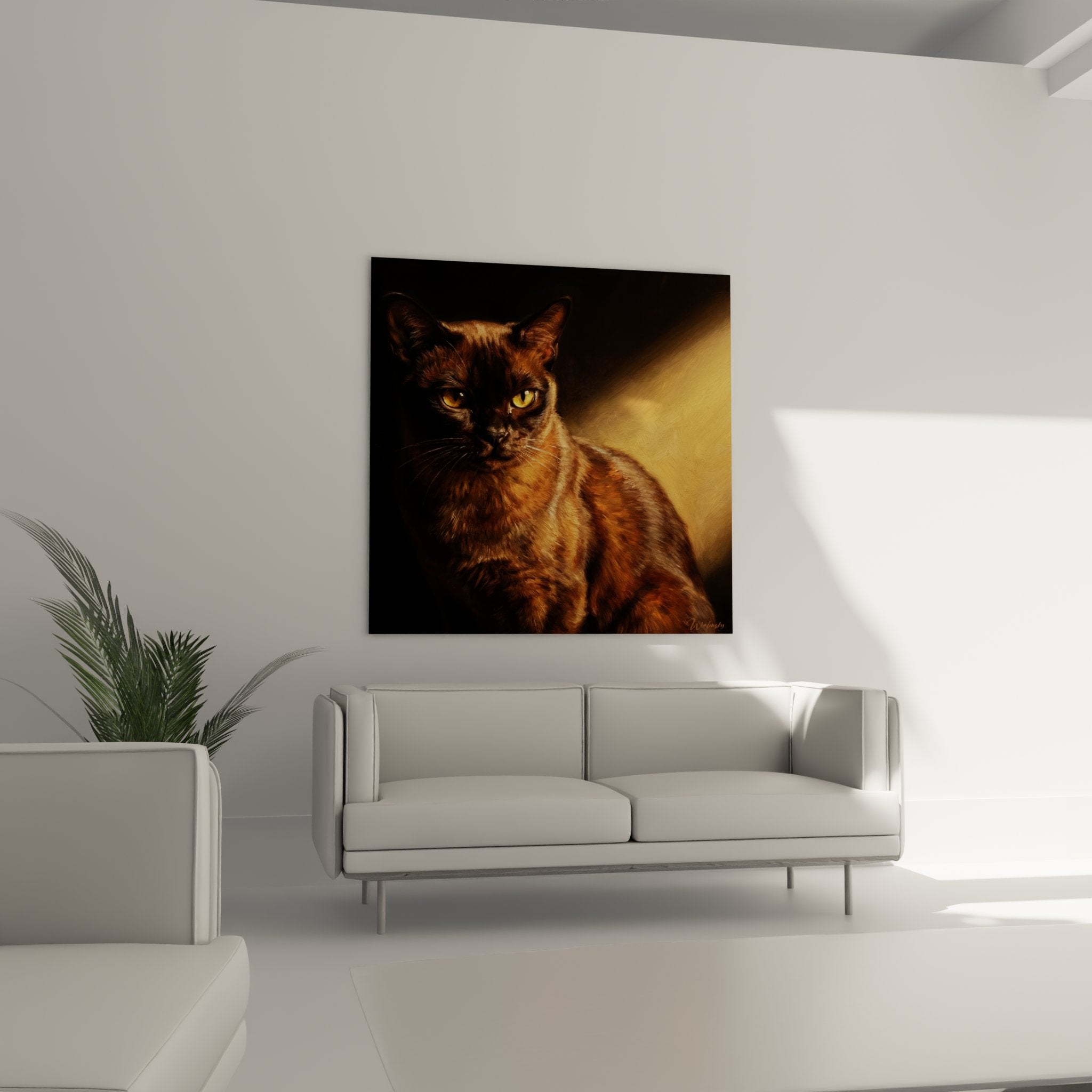 Gros plan sur les yeux ambrés expressifs d'un chat Burmese, détails du pelage chocolat, art félin