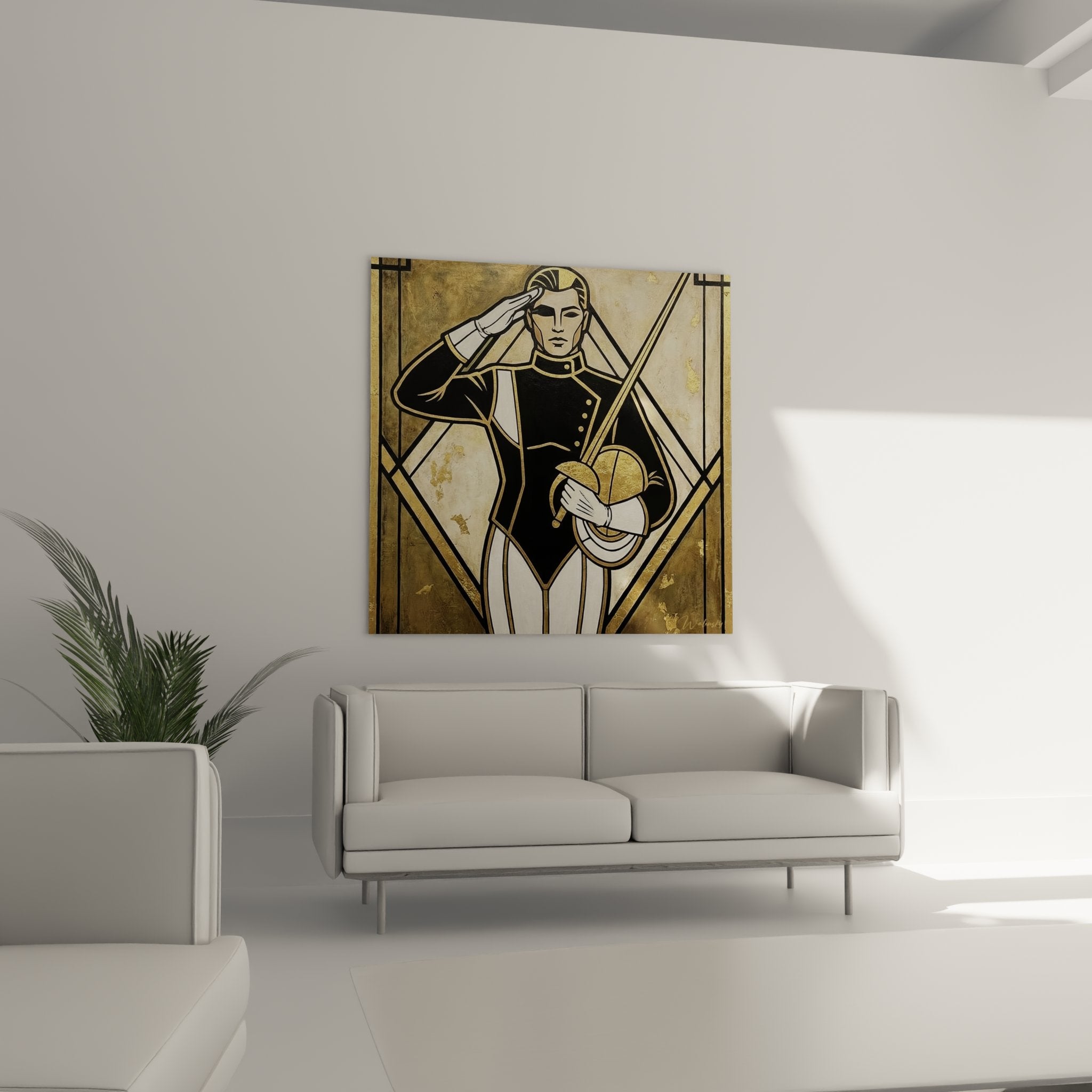 Dettaglio ravvicinato del quadro schermitore che mostra la finezza dei tratti del viso e le dorature dell'abbigliamento di scherma in stile Art Déco