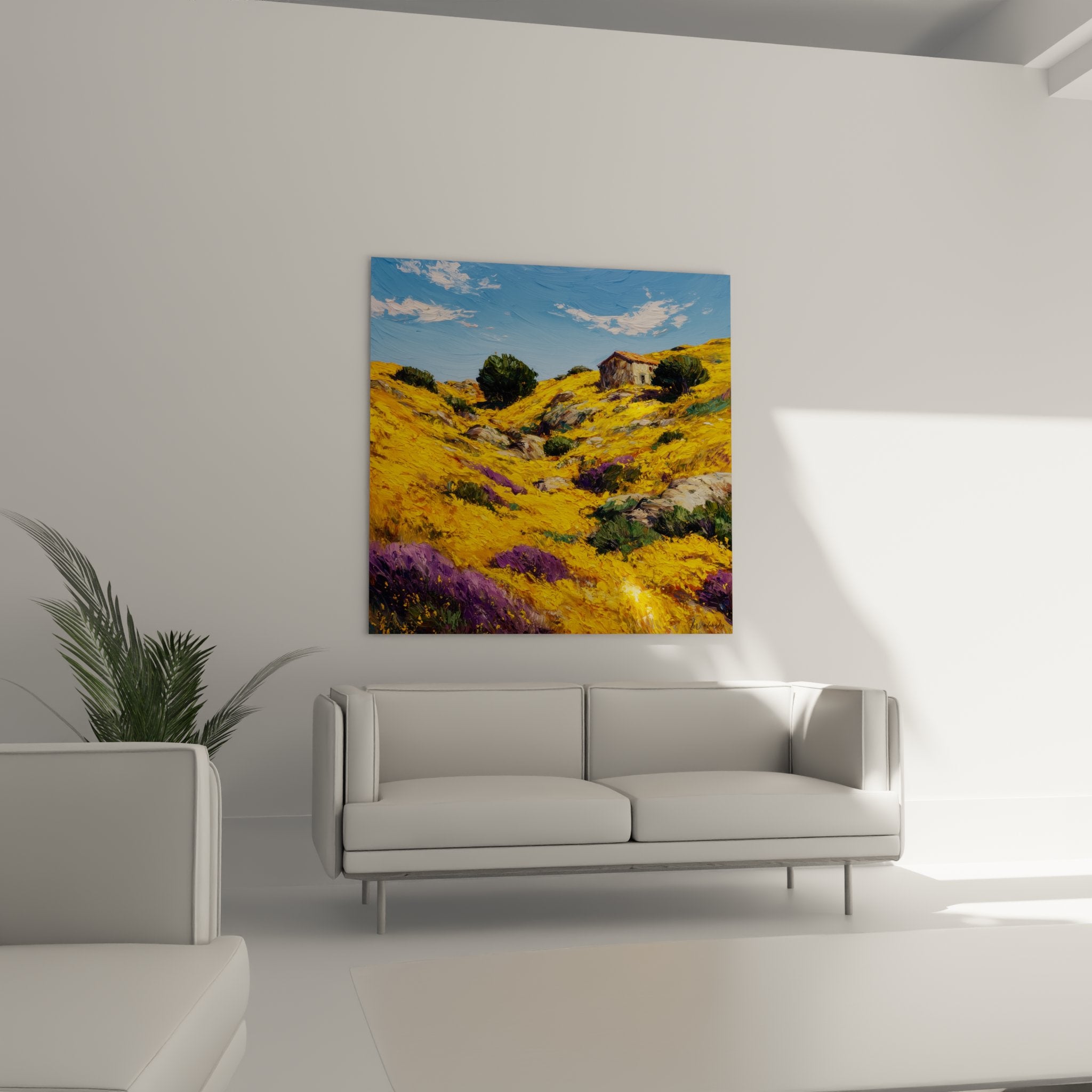 Detail tableau paysage corse technique peinture empâtements maquis immortelles couleurs chaudes