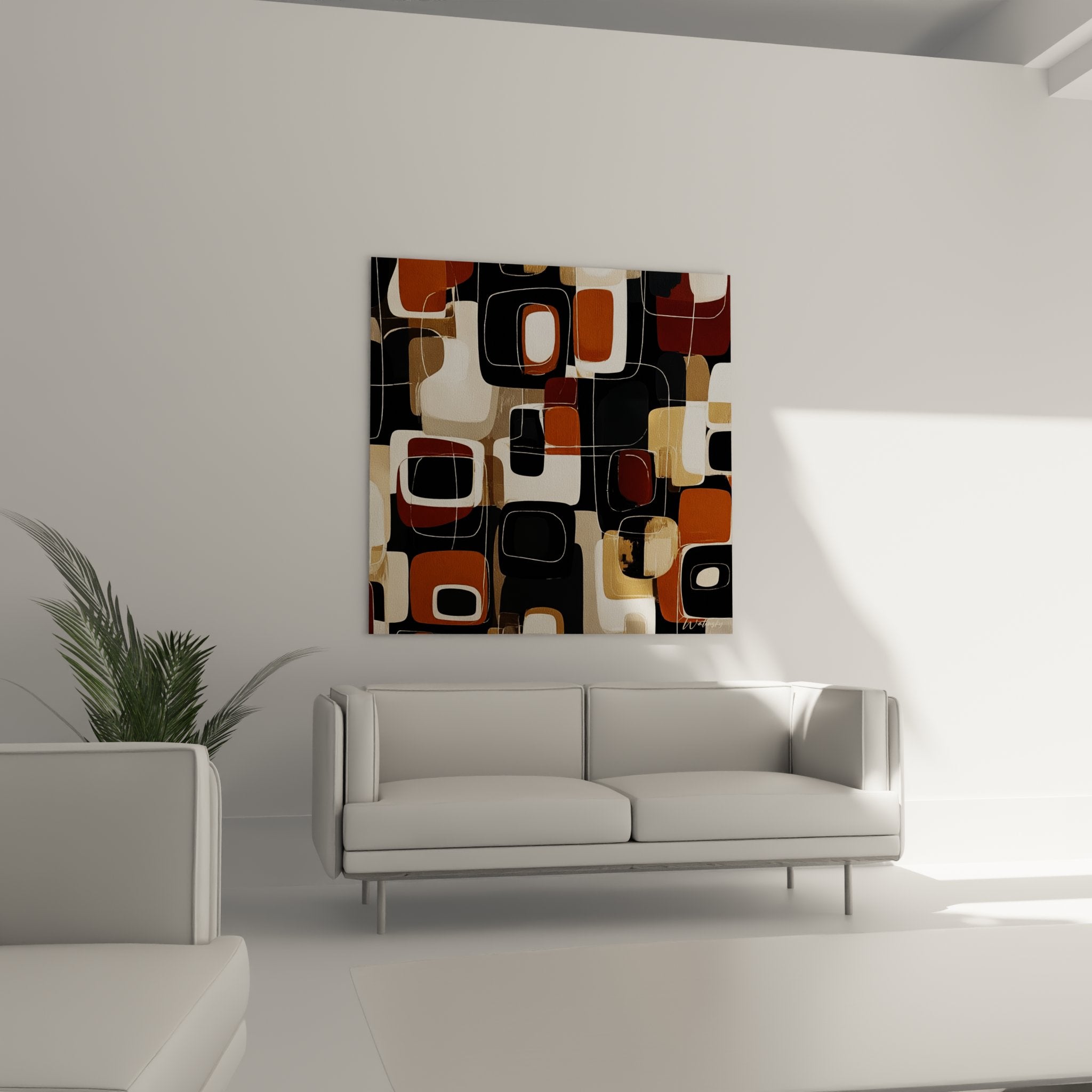 Close-up of oval and rectangular shape details on the abstract African painting with warm colors