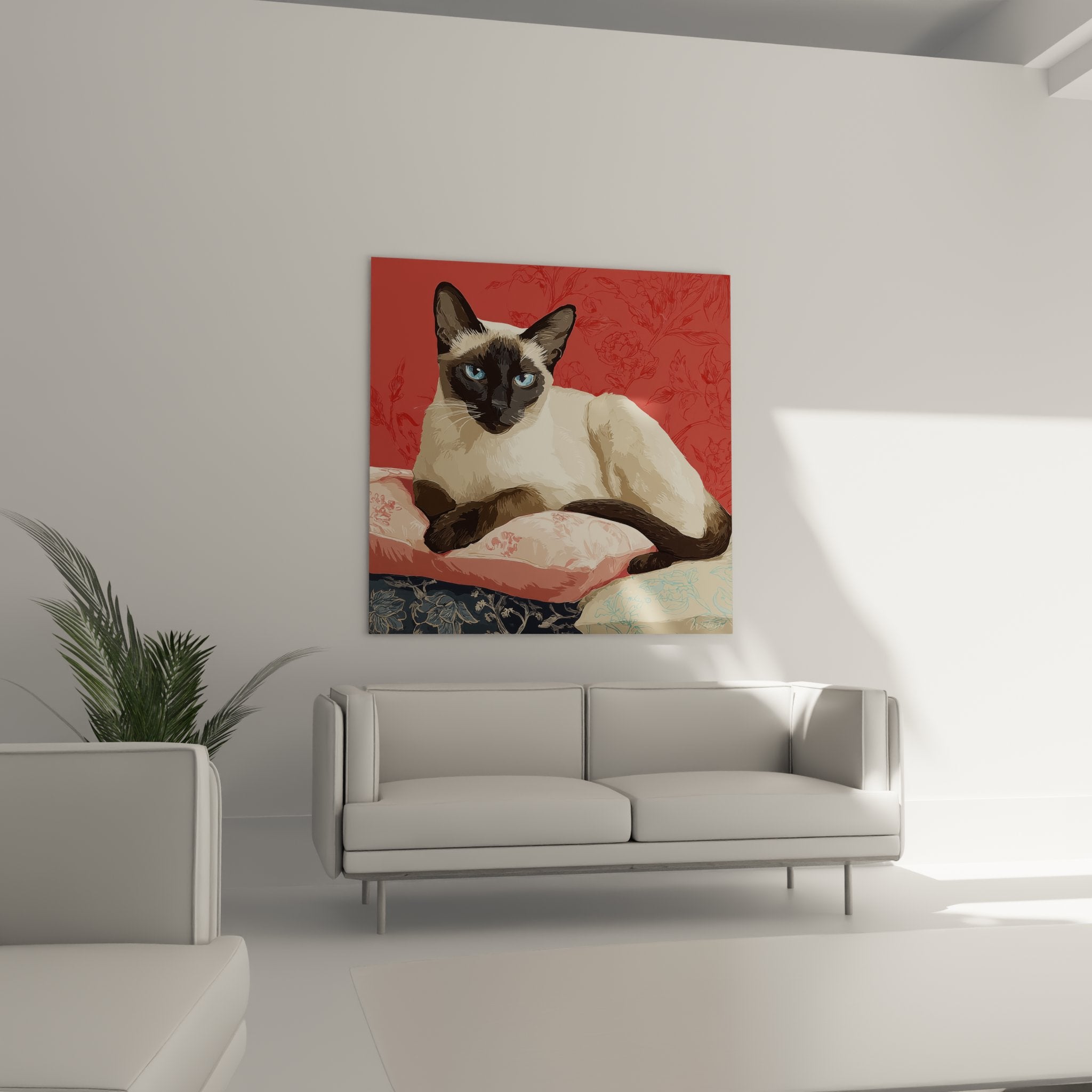 Siamese cat portrait detail with intense blue eyes on delicate pink floral background