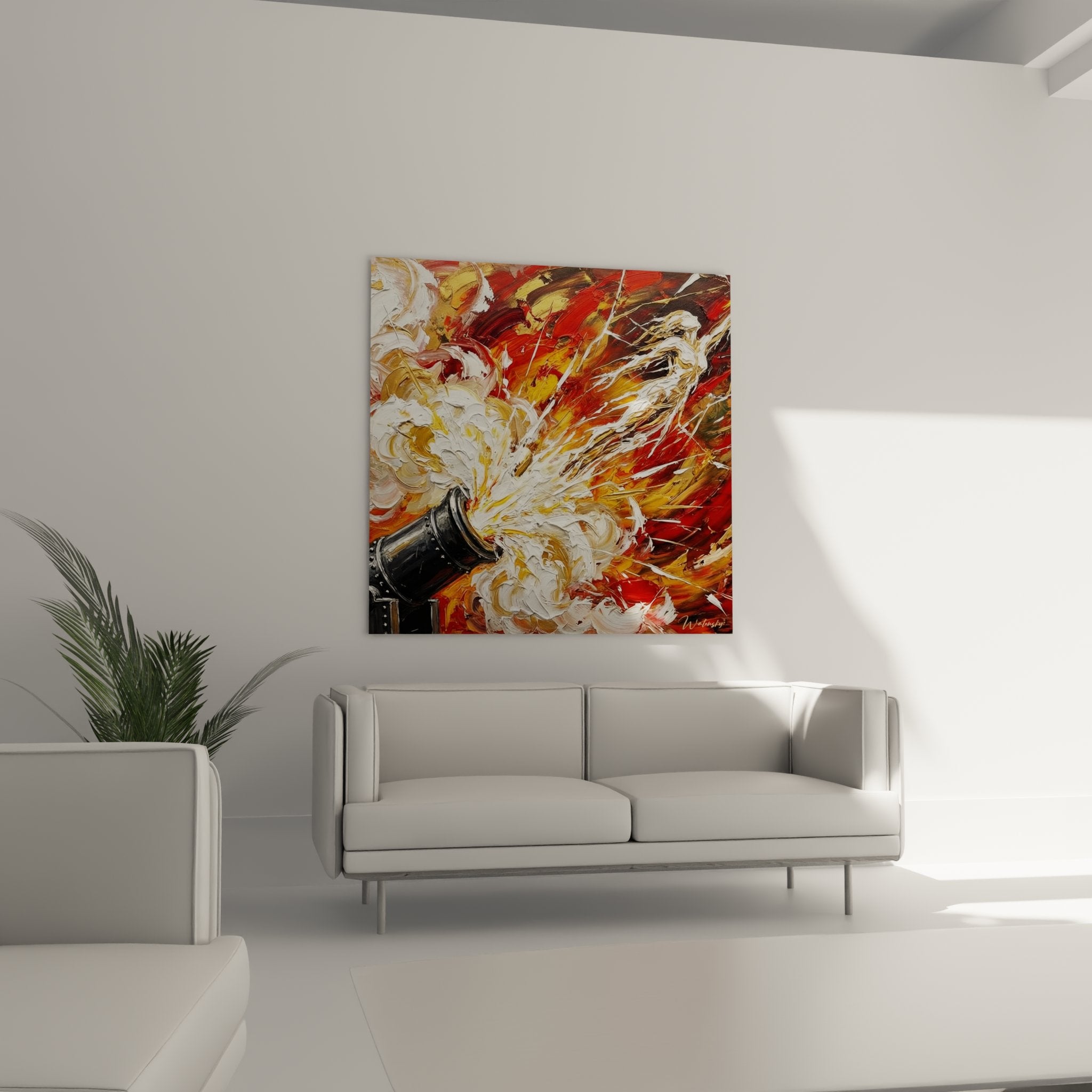 Dettaglio pittura spessa cannone nero che esplode fiamme rosse arancioni tecnica gestuale Wietosky