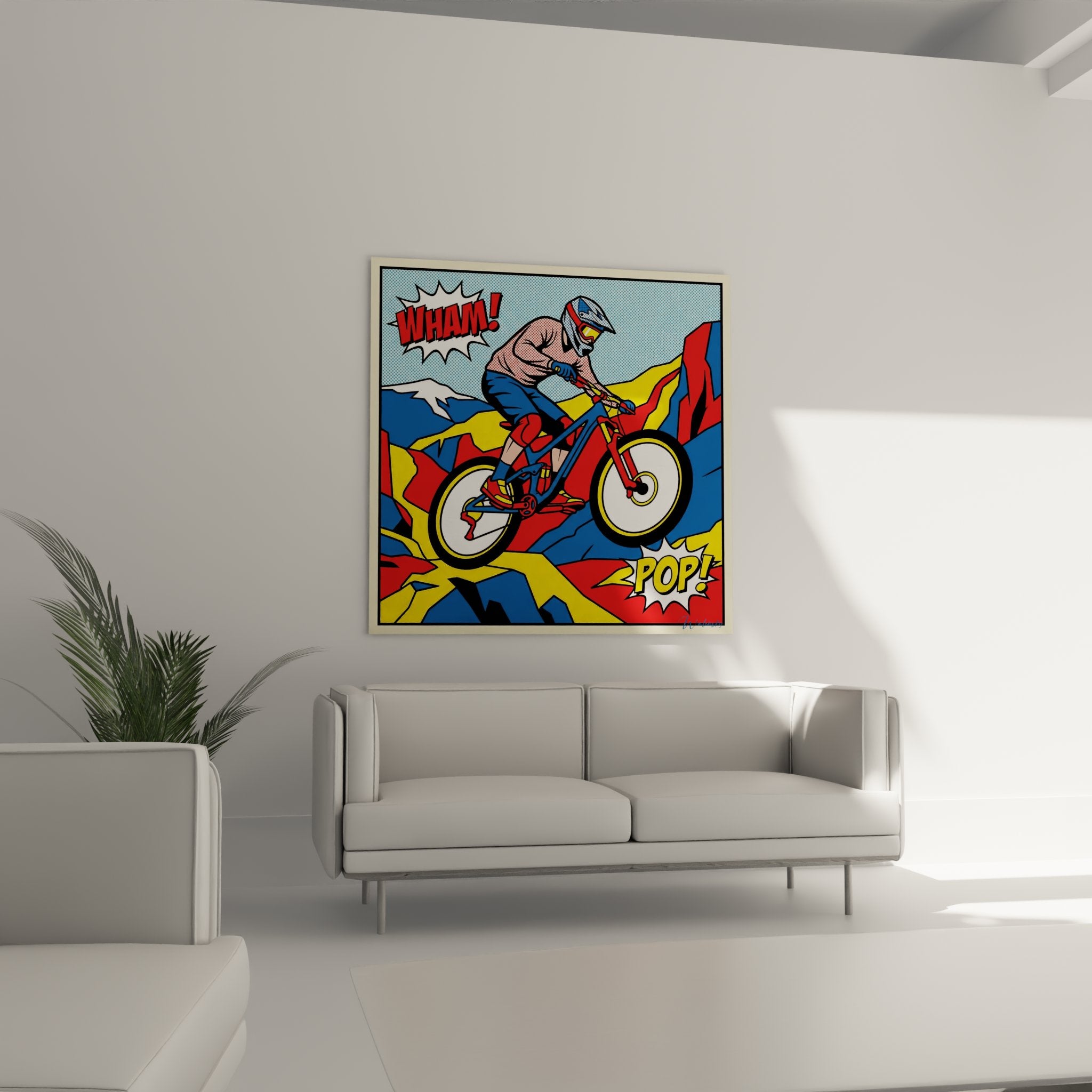 Detail pop art mountain bike painting showing cyclist in technical helmet dotted Ben Day Lichtenstein style cycling