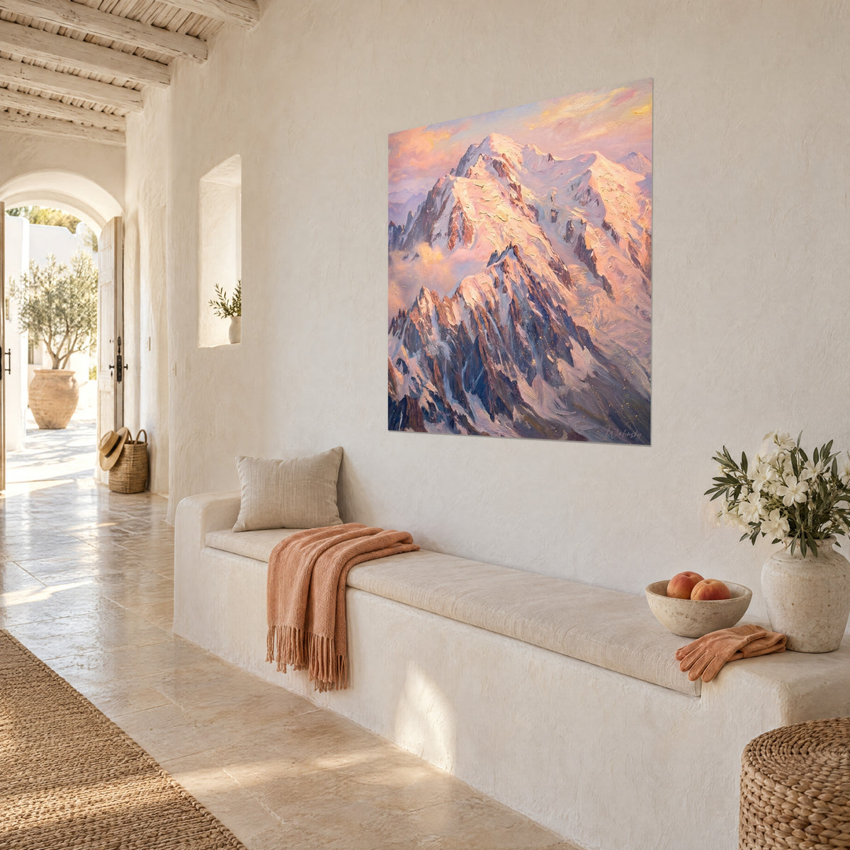 Tableau Mont Blanc en peinture à l'huile, névés dorés et ombres bleu ardoise, sur un banc de pierre blanche