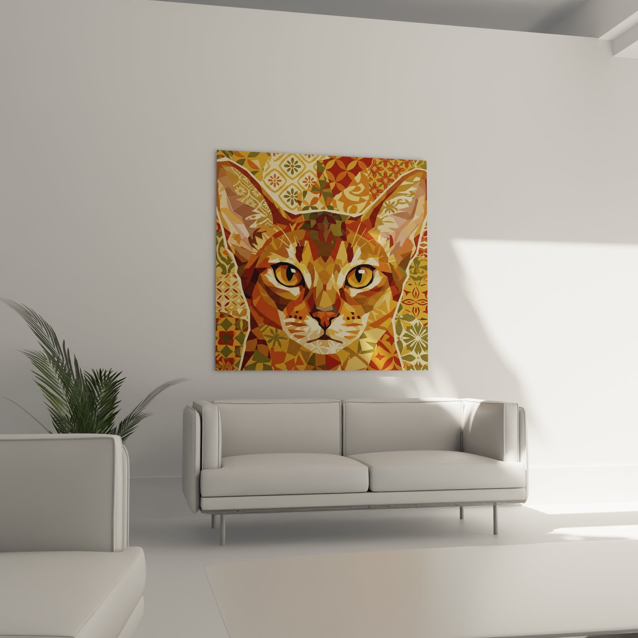 Primo piano sugli occhi ambrati e i motivi geometrici dorati del quadro gatto abissino in stile mosaico artistico