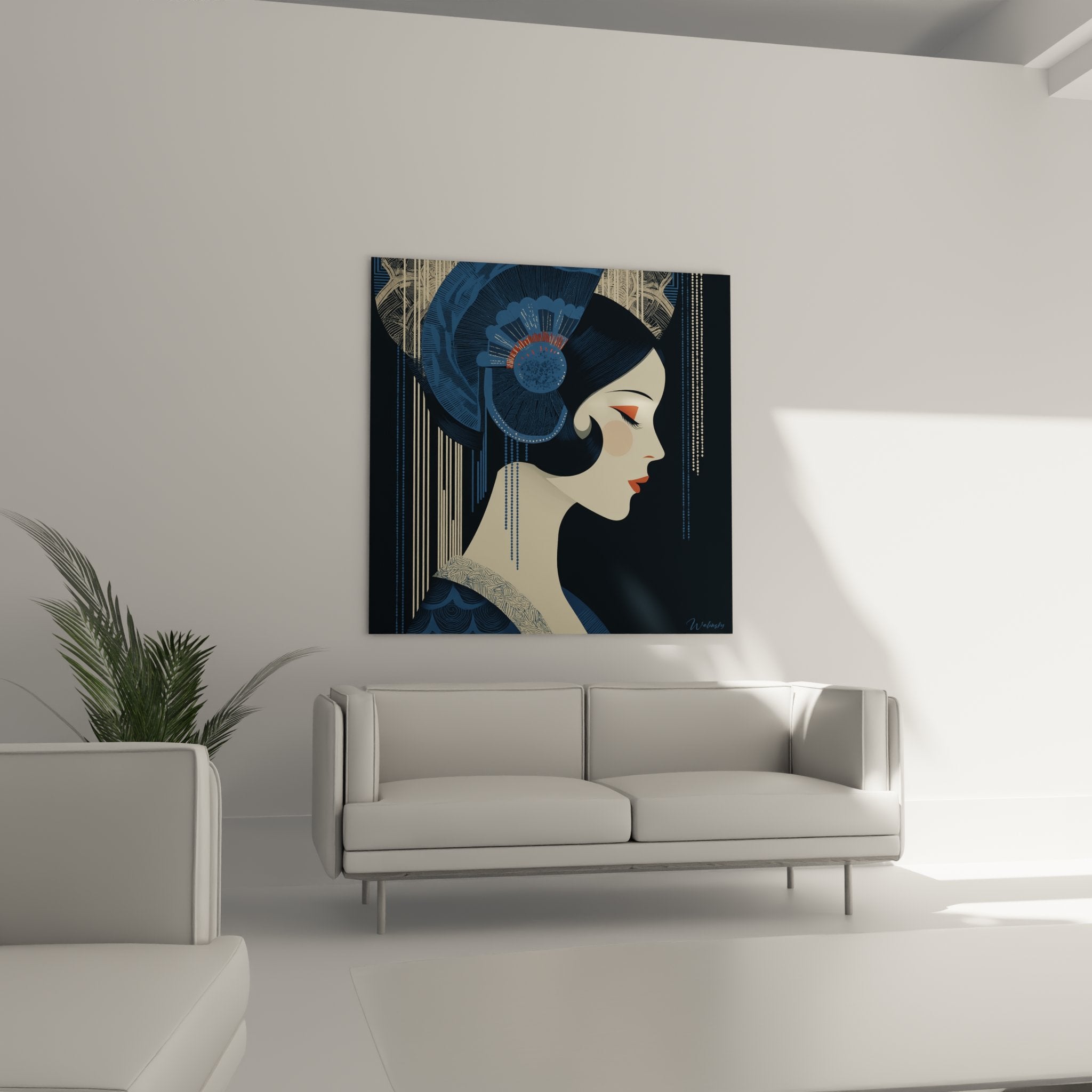 Detail art deco portrait painting woman profile blue geometric floral ornaments 1920s style