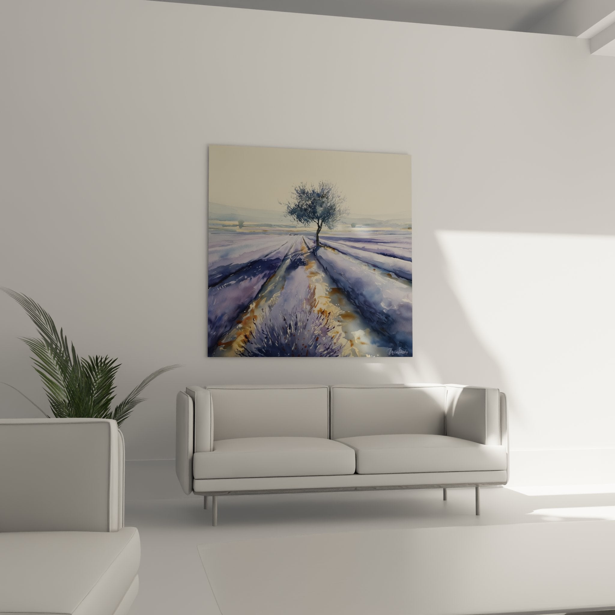 Détail aquarelle paysage hivernal, technique pinceau arbre solitaire et sillons champ, nuances bleu violet