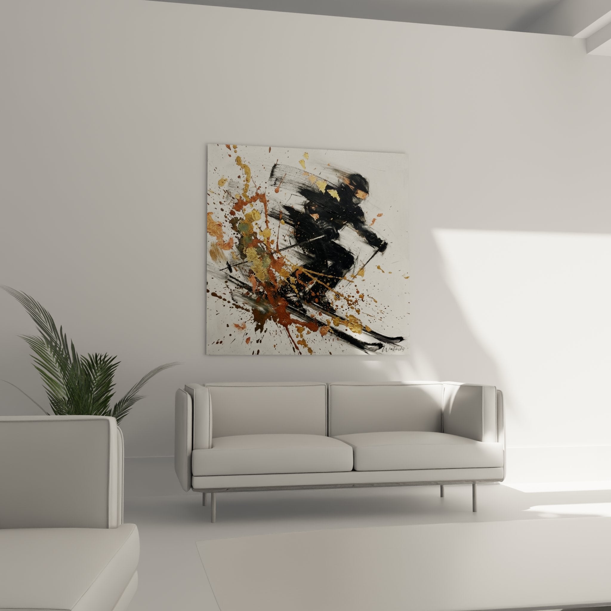 Detail du tableau skieur abstrait montrant les coups de pinceau dynamiques et projections colorees