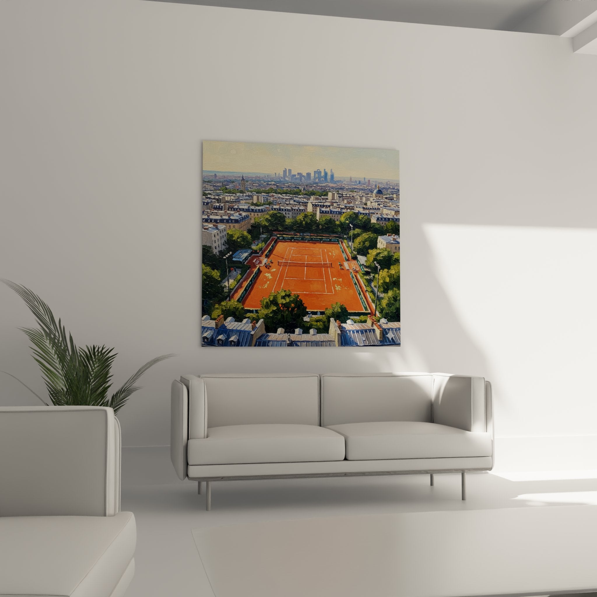 Detail peinture courts tennis terre battue Roland Garros, texture rouge-orange et lignes blanches artwork