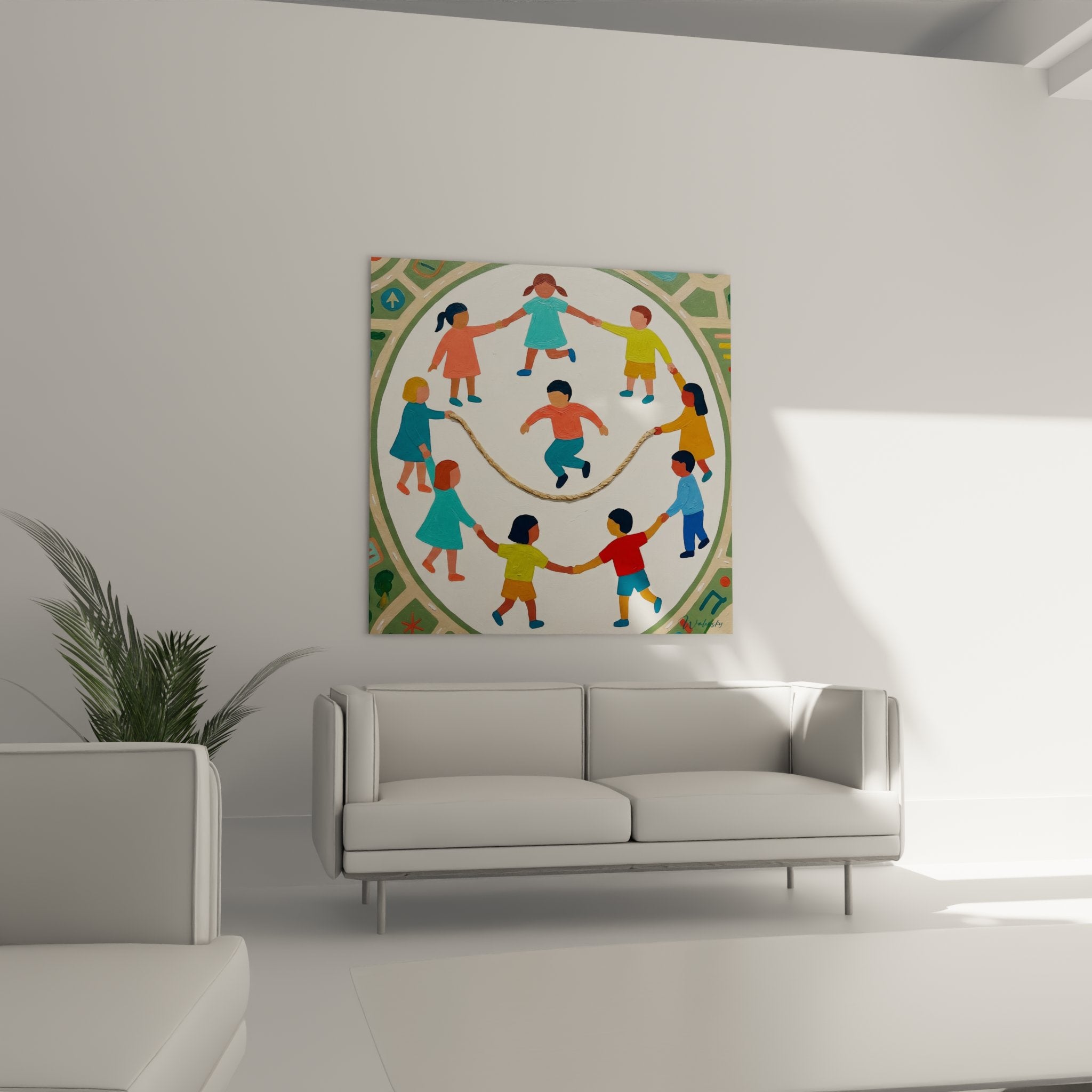 Gros plan sur les détails du tableau montrant les enfants aux vêtements colorés et la corde naturelle