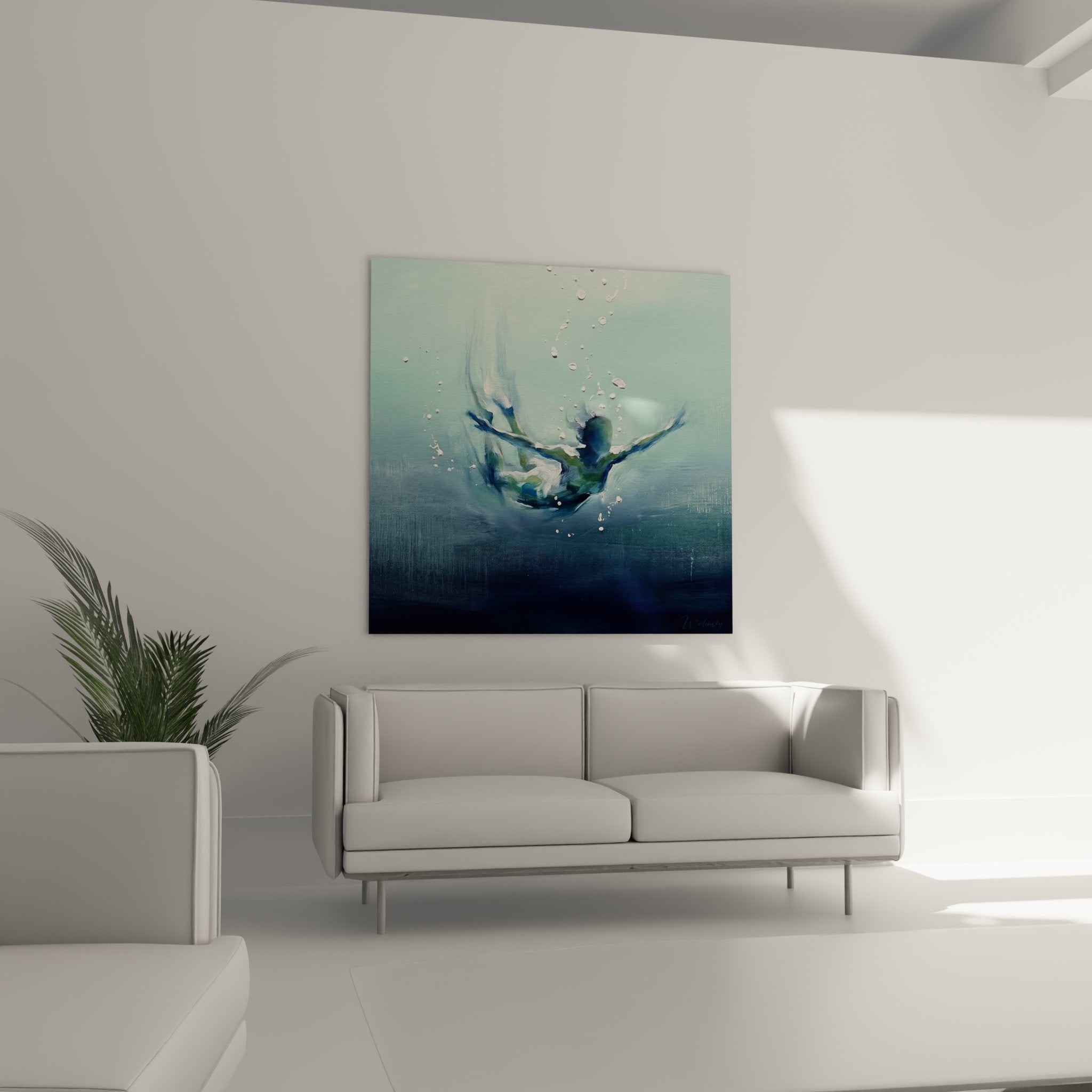 Detail of the painting showing the fluid painting technique of the diver and underwater air bubbles
