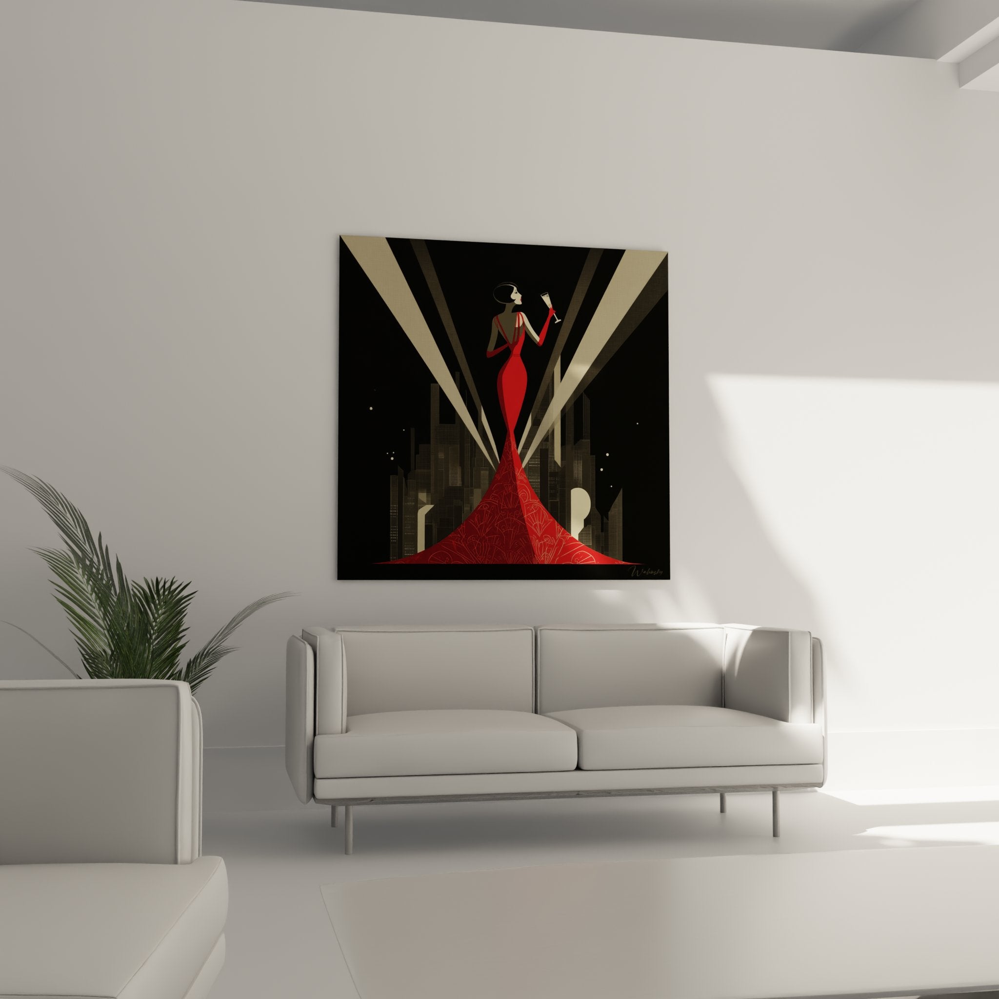 Dettaglio quadro art déco motivi geometrici abito rosso donna elegante stile vintage ornamenti dorati