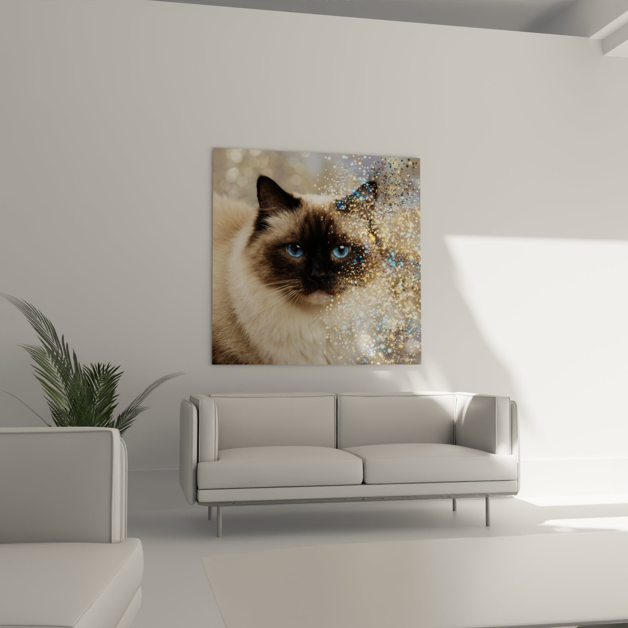 Primo piano degli occhi blu del gatto Ragdoll circondato da particelle dorate scintillanti