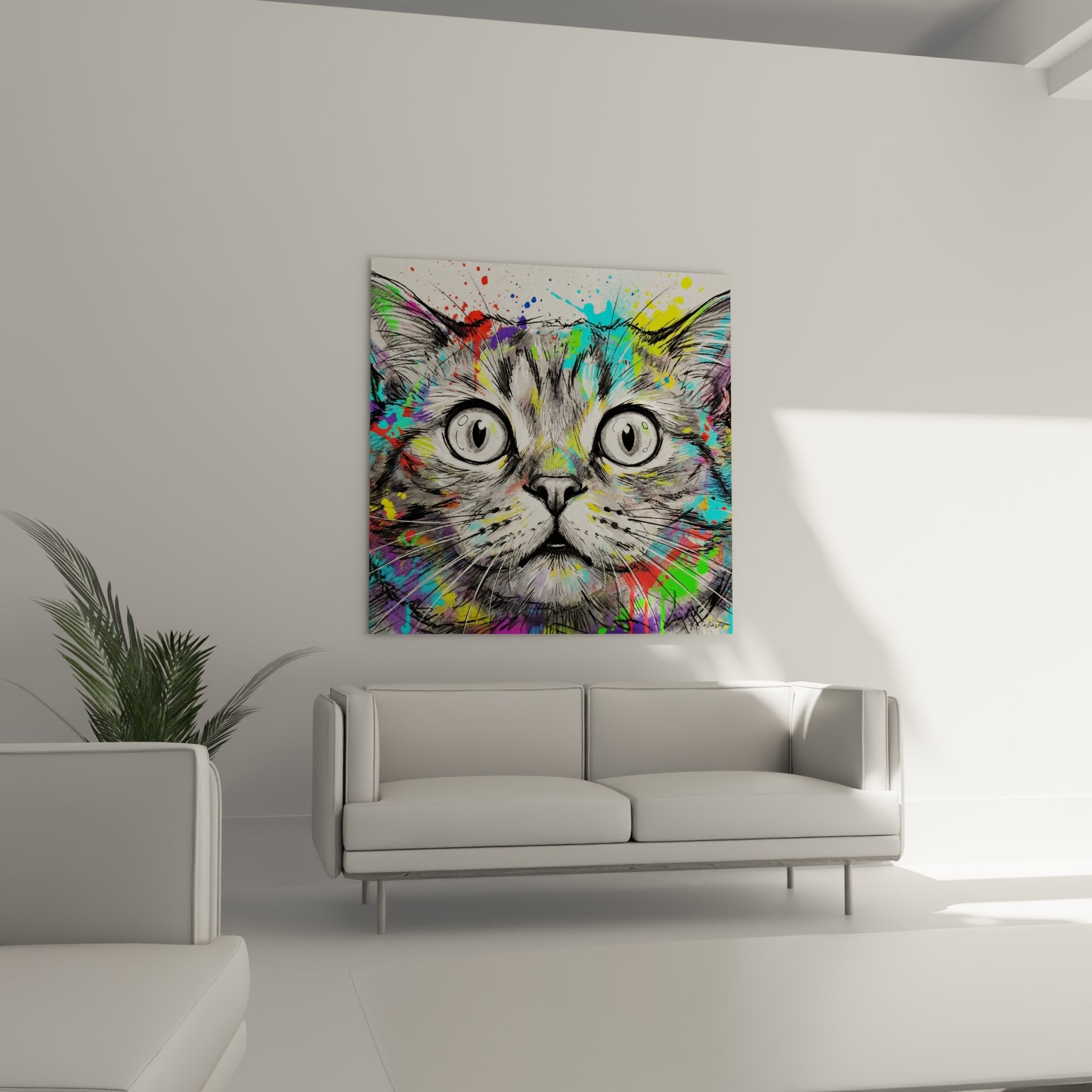 Close-up of street art cat portrait with large green eyes surrounded by colorful splashes