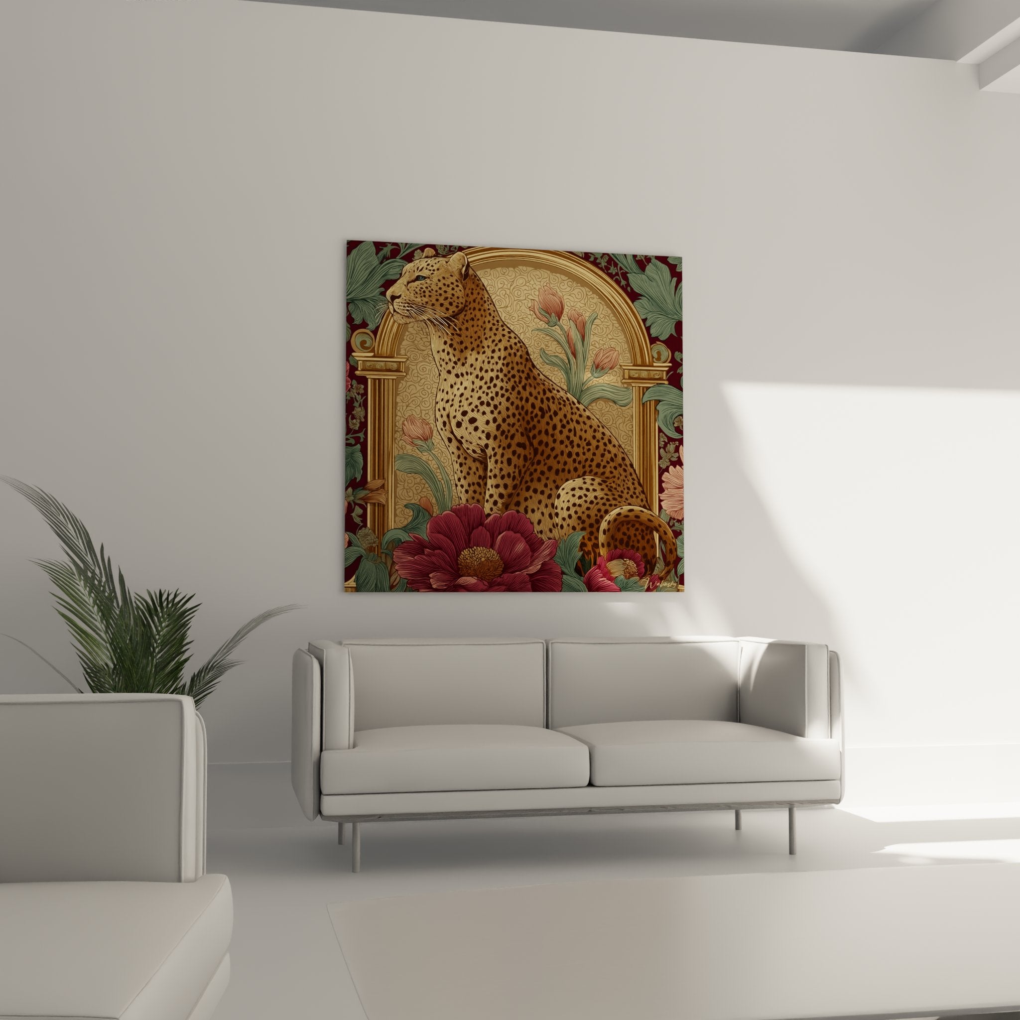 Dettaglio quadro leopardo art deco che mostra il mantello maculato dorato e peonie viola in stile decorativo