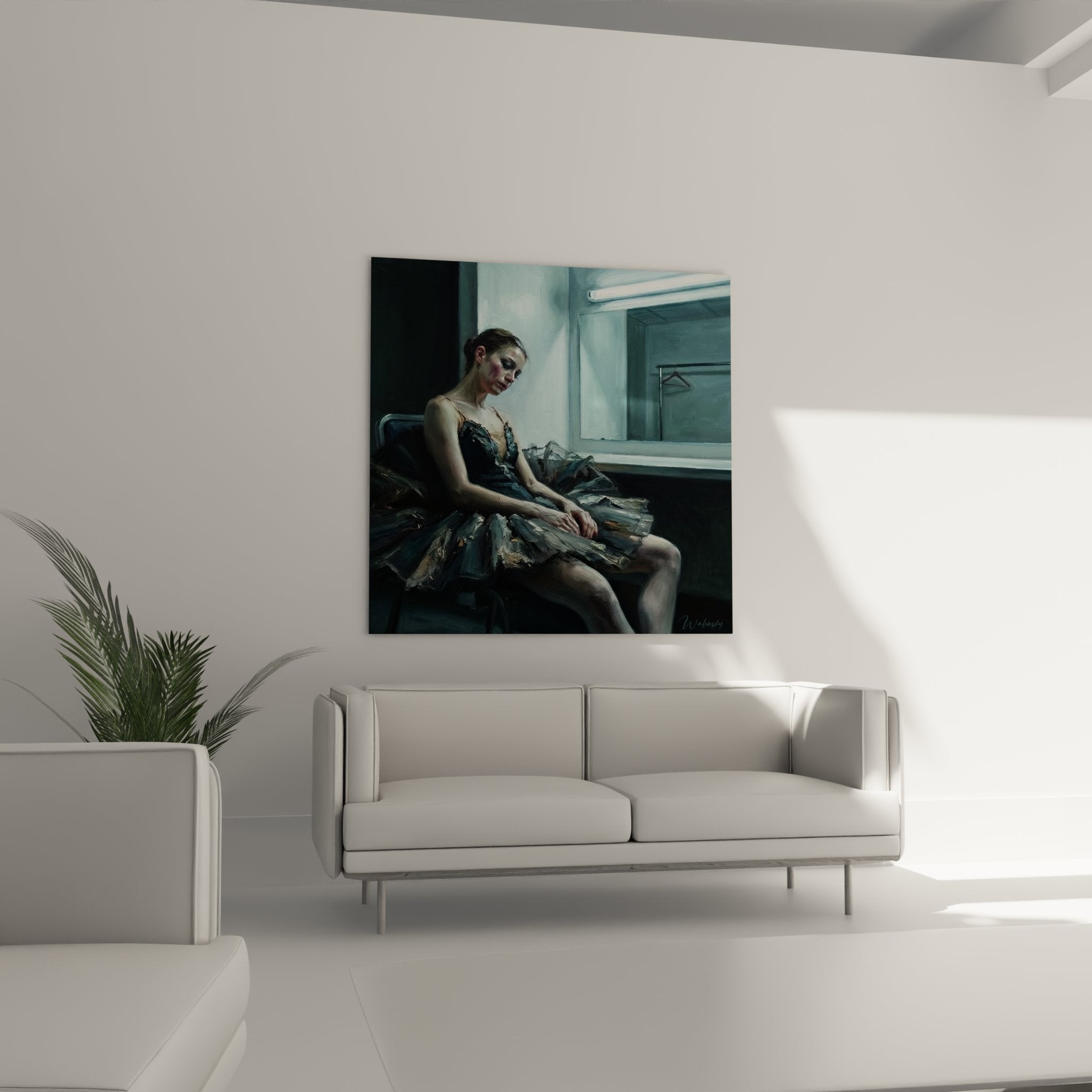 Primo piano dei dettagli del quadro ballerina, texture della pittura e espressione pensierosa della danzatrice