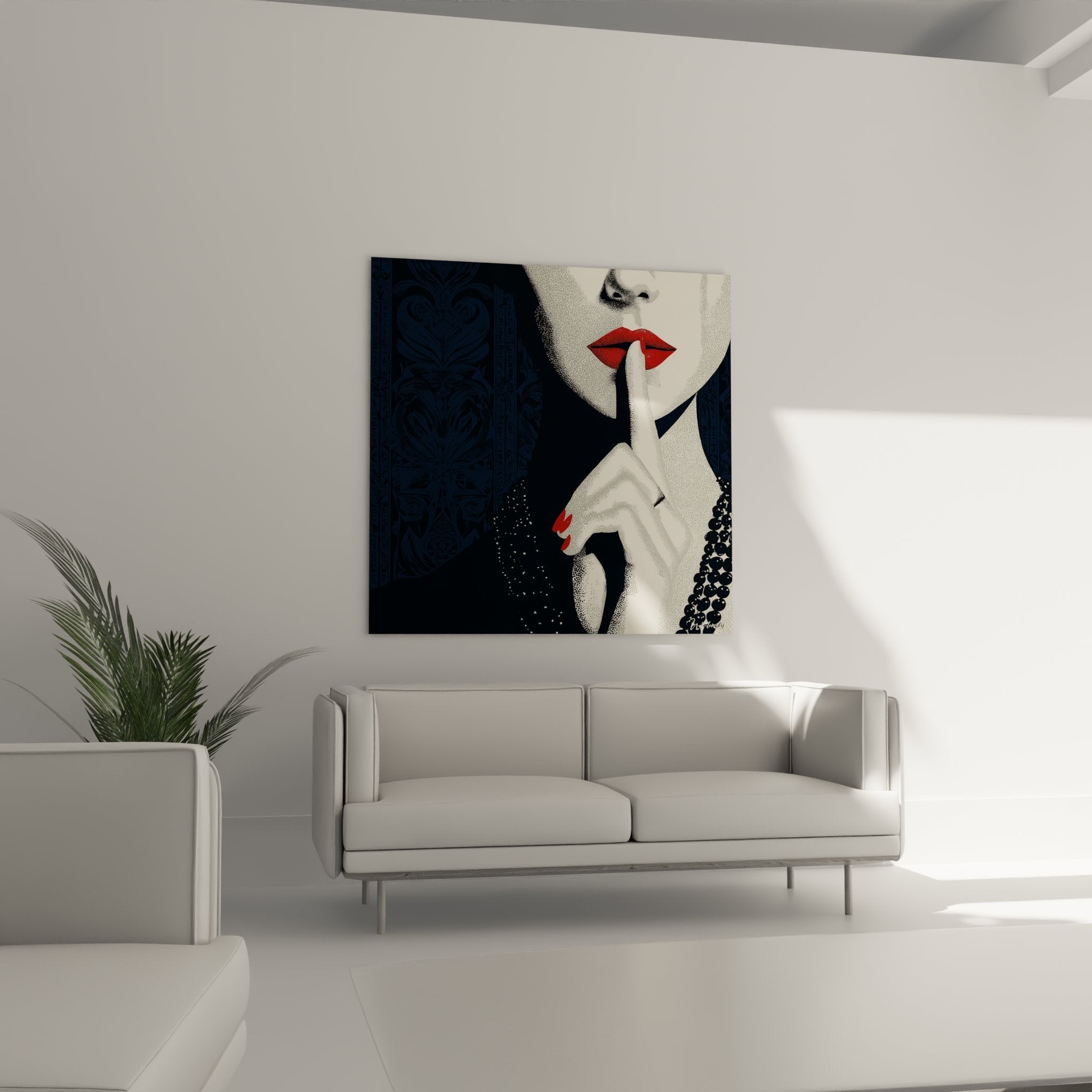 Dettaglio quadro art déco viso donna tecnica pointillista labbra rosse dito silenzio