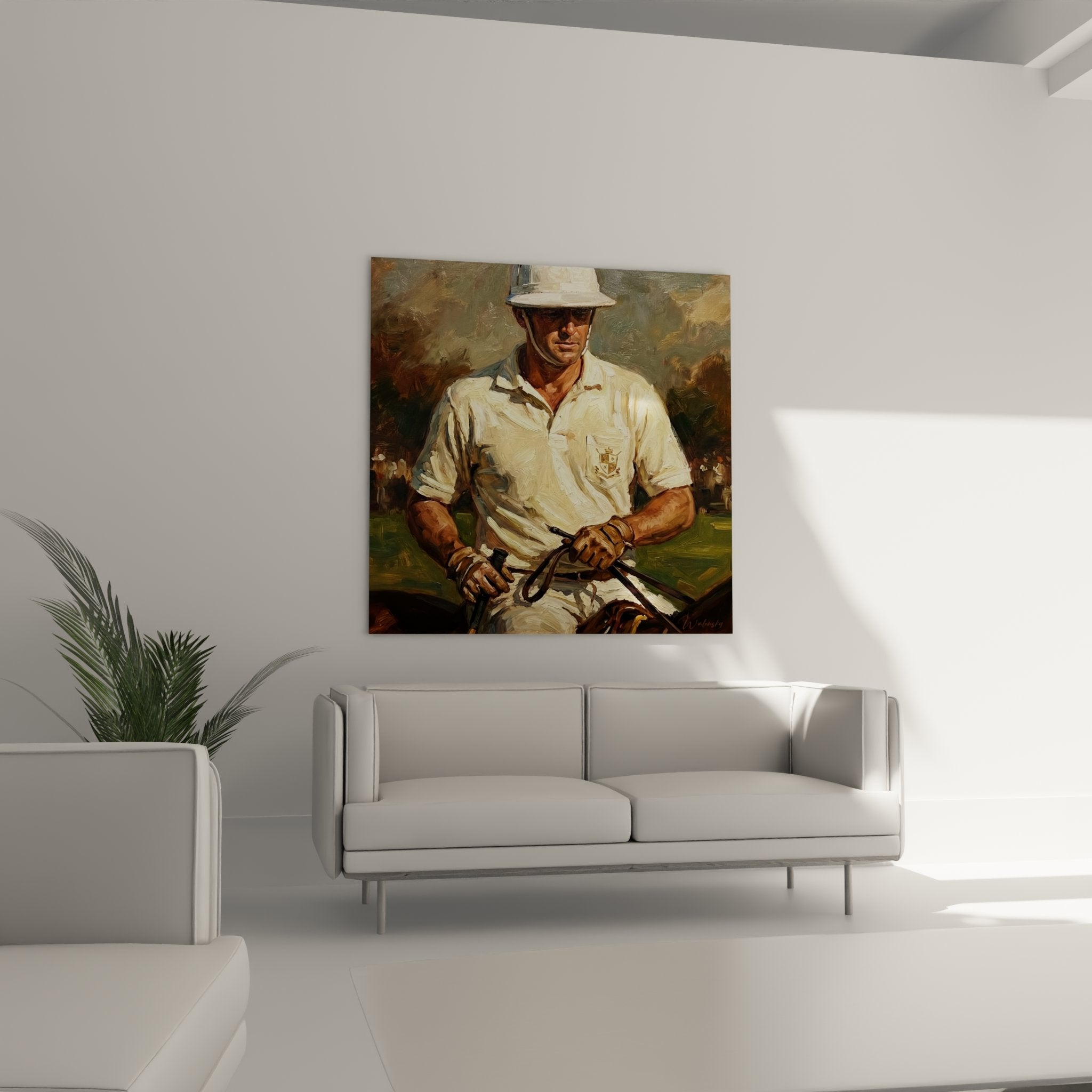 Brush detail painting polo player white shirt leather mallet badge artistic technique