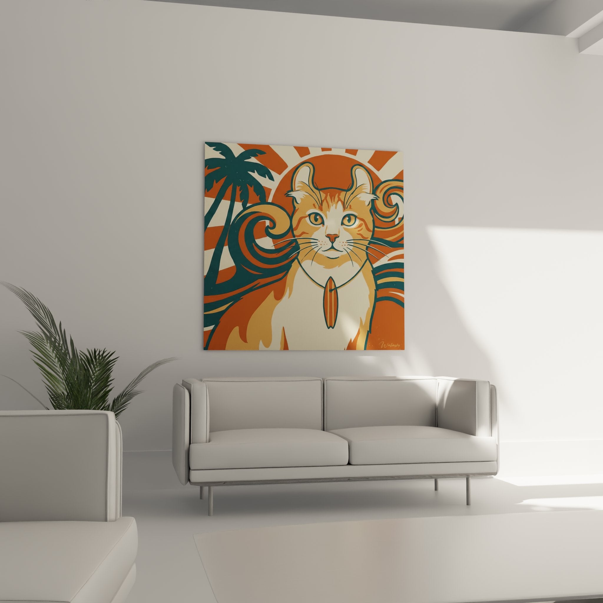 Détail tableau chat American Curl oreilles recourbées style surf art vintage couleurs chaudes