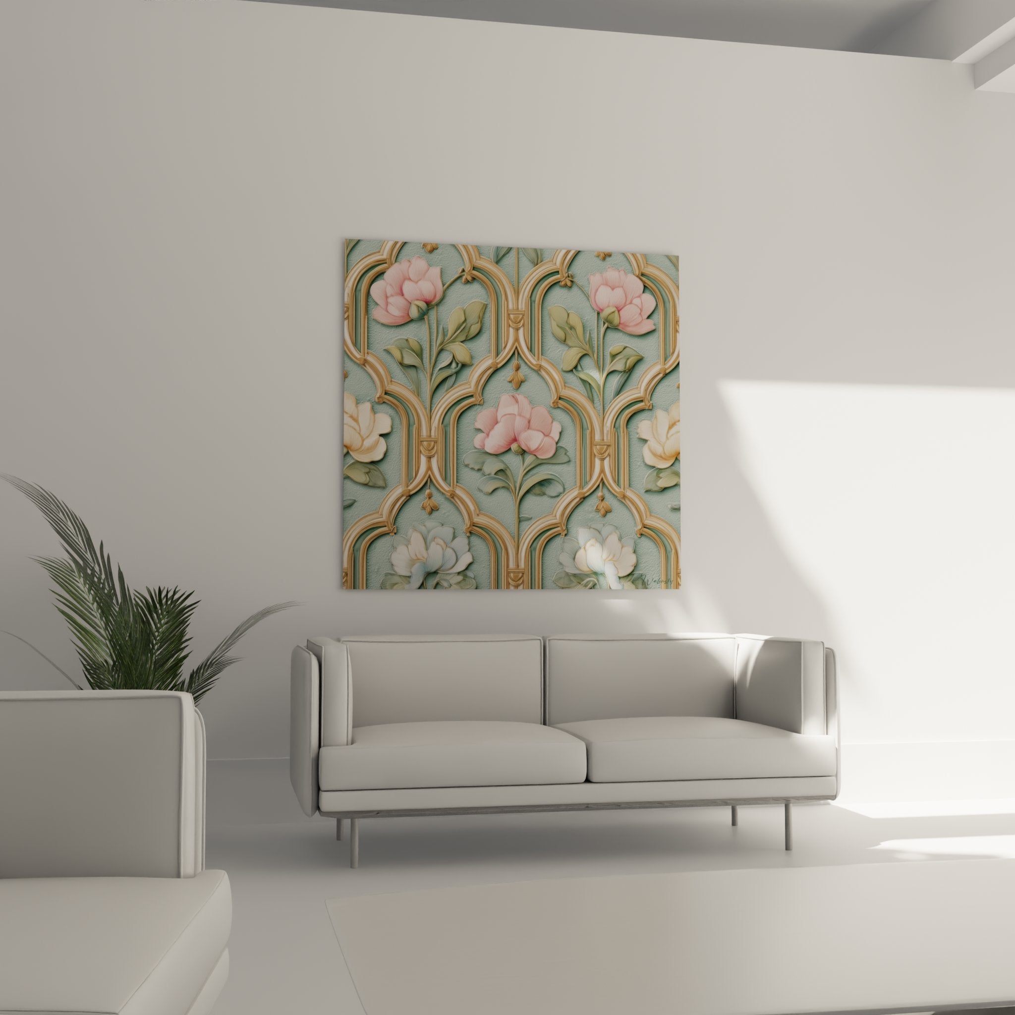 Dettaglio motivo floreale art deco peonia rosa petali madreperla fogliame oliva arco dorato sfondo turchese patinato