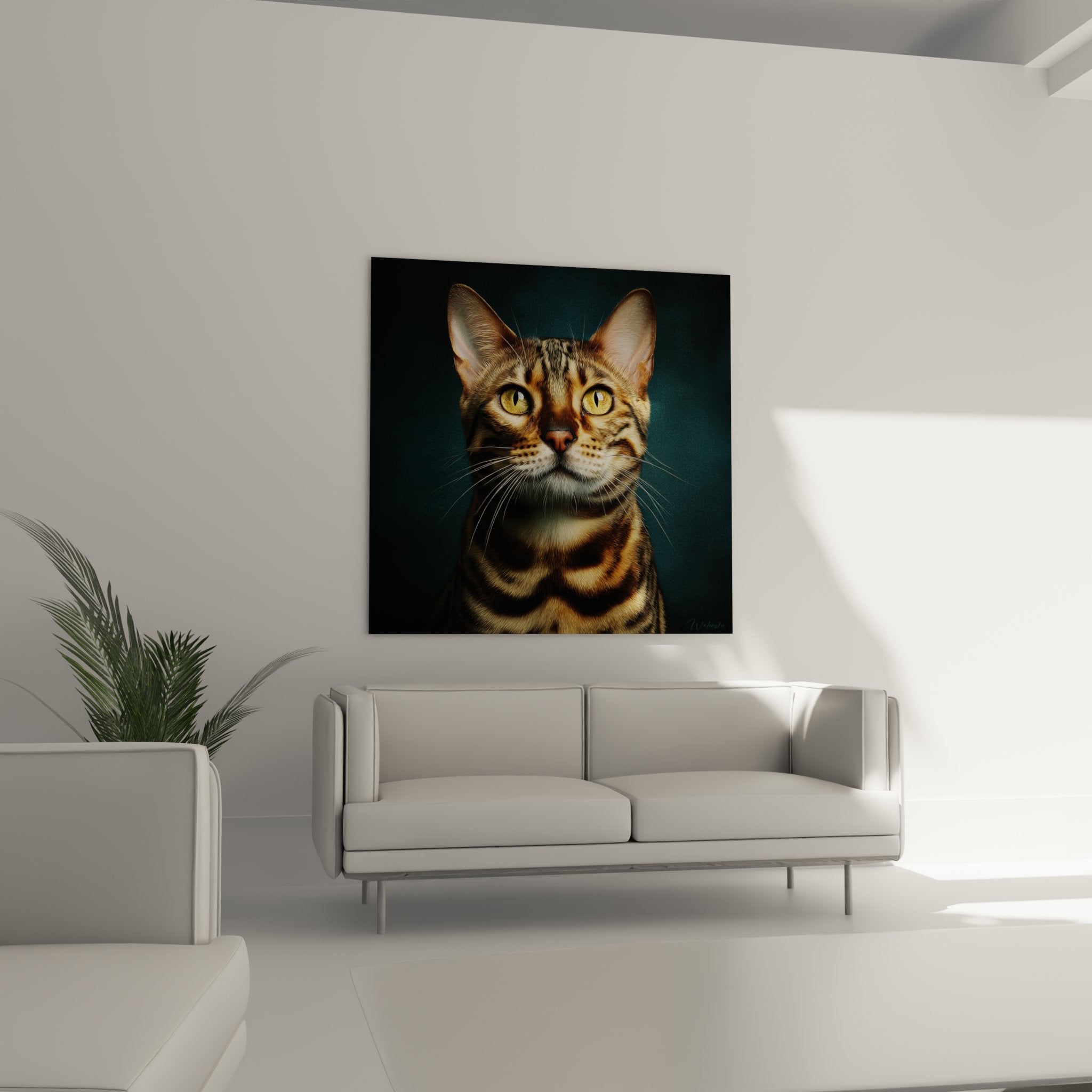 Close-up Bengal painting showcasing hyperrealistic details of golden eyes and marbled coat, feline art