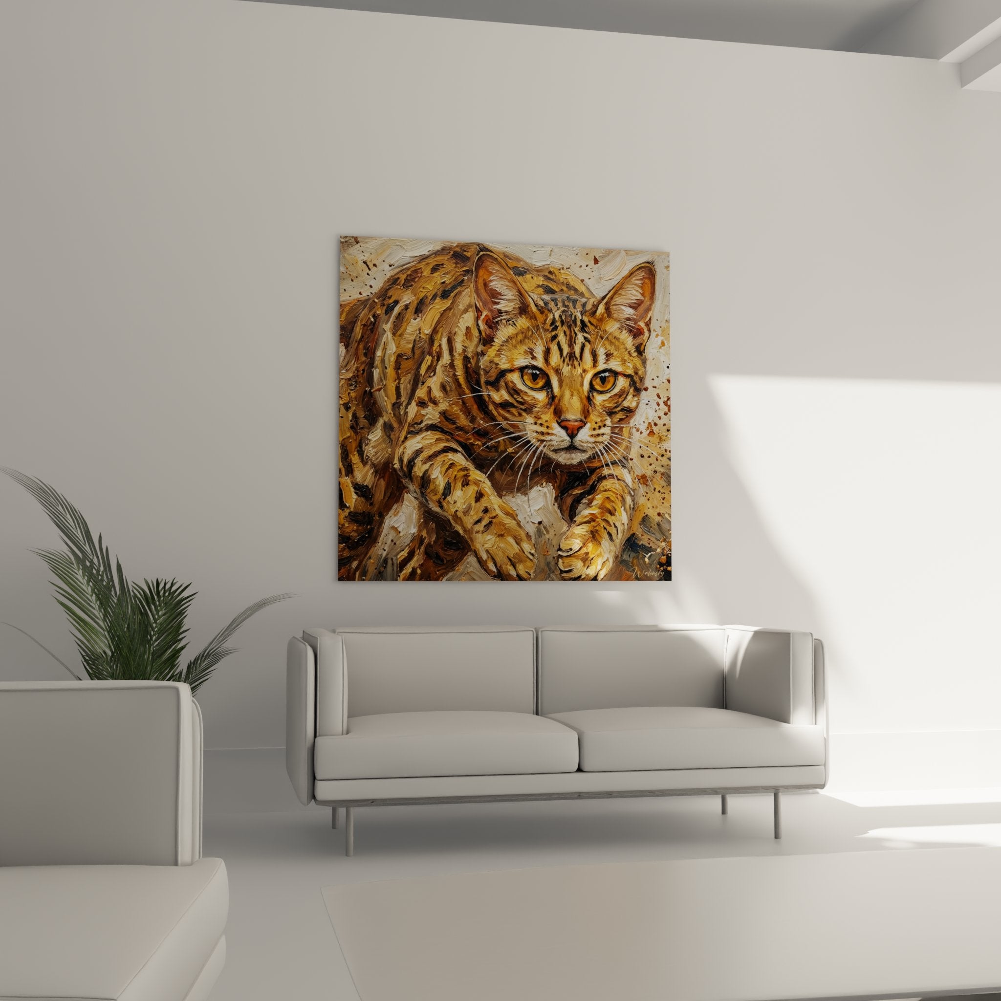 Detail peinture chat Ocicat yeux ambres pelage tachete technique empalement coups pinceau expressifs texture relief