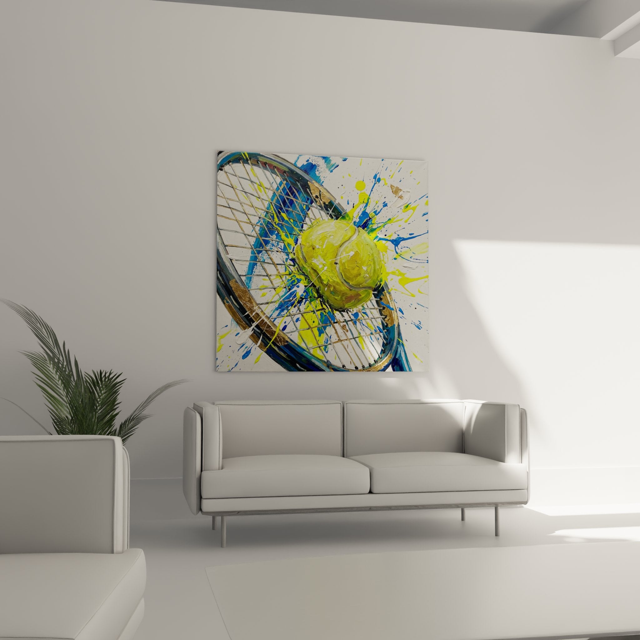 Detail peinture tennis abstraite montrant texture balle jaune et cordes raquette avec effets artistiques