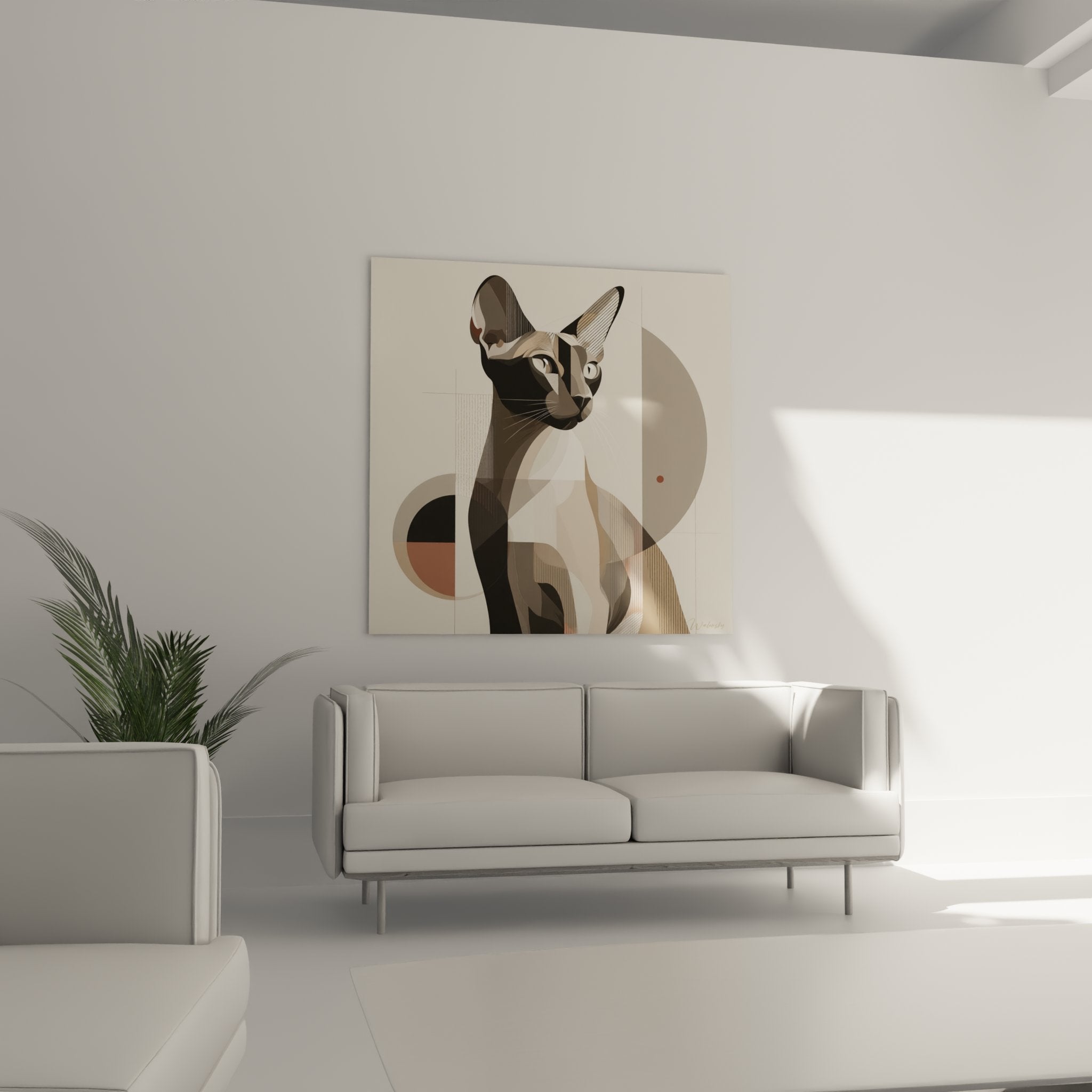 Dettaglio quadro gatto Sphynx arte geometrica moderna forme astratte tavolozza neutra terracotta beige