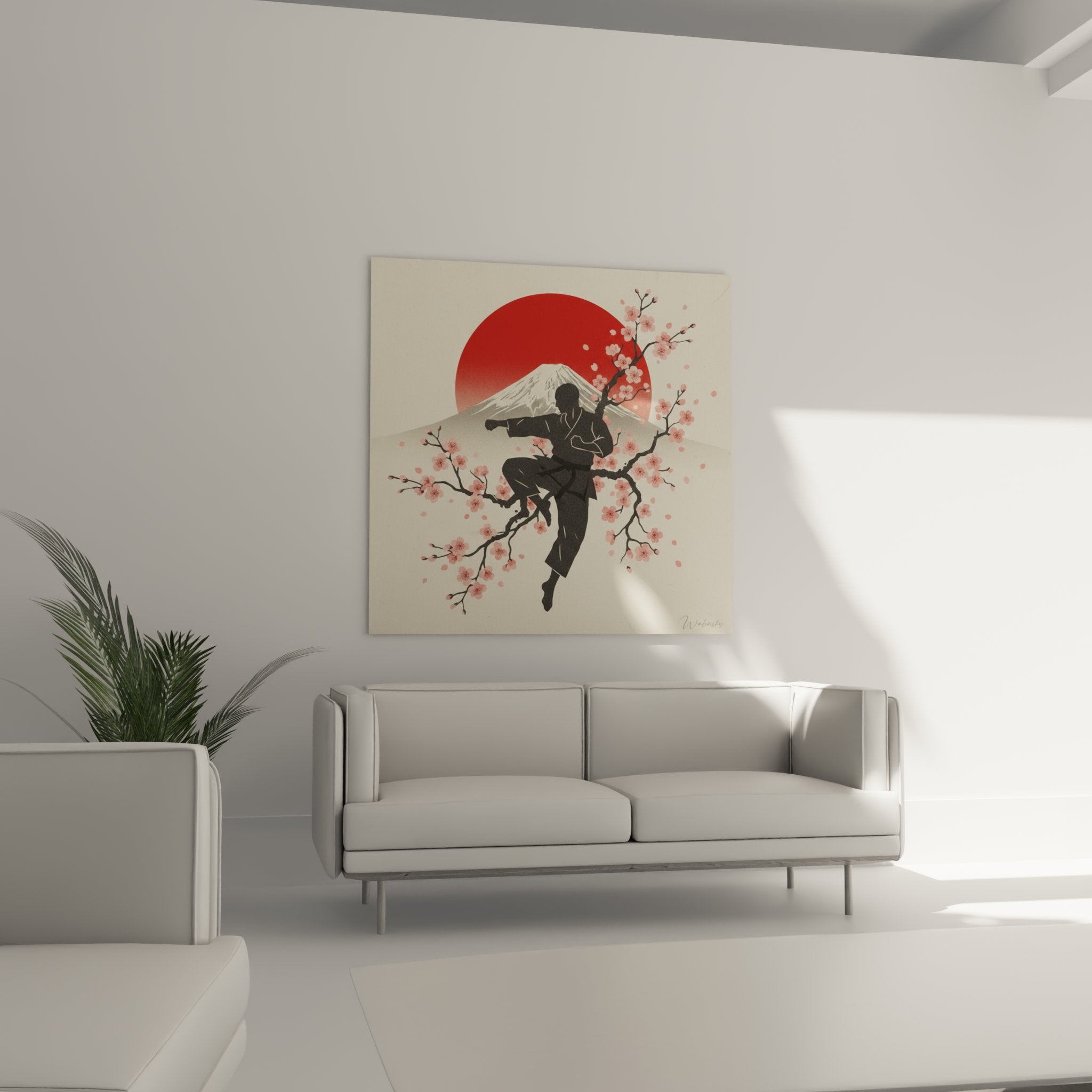 Detail tableau karate japonais branches cerisier fleurs roses karateka combat Mont Fuji arriere plan