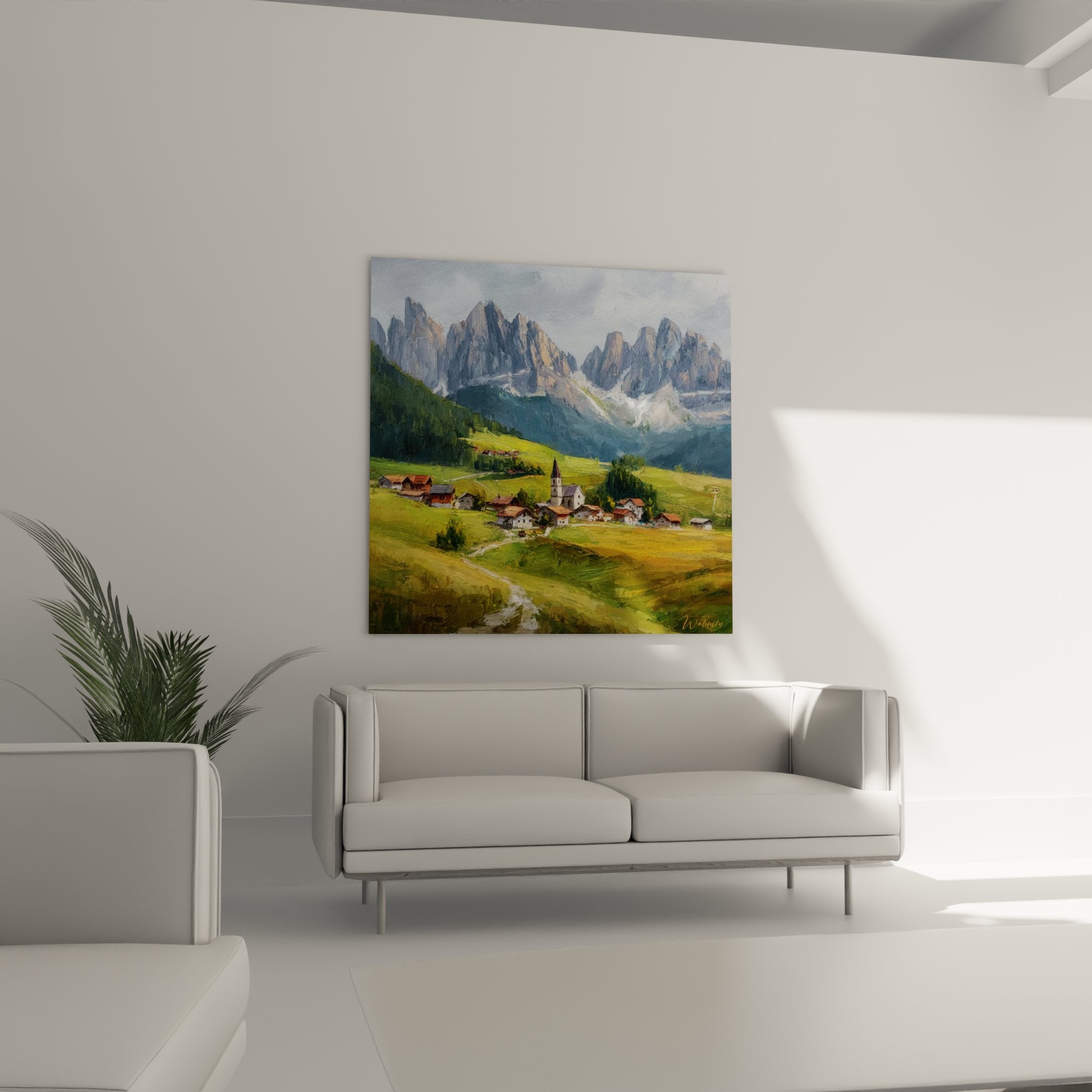 Dettaglio pittura villaggio alpino Dolomiti che mostra tecnica pittorica e colori vivaci dei tetti e dei prati