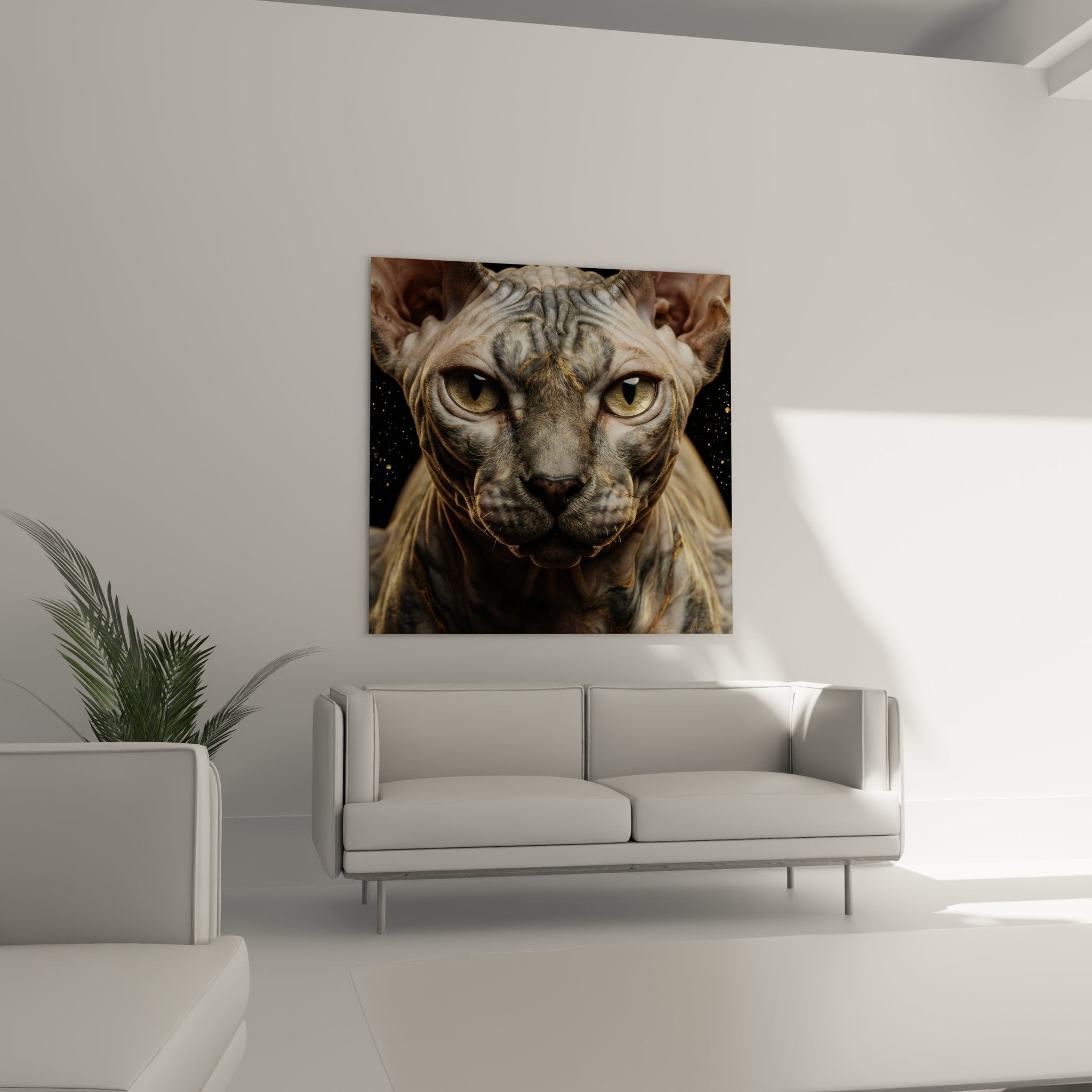 Dettaglio ravvicinato del quadro Peterbald - texture della pelle glabra e sguardo dorato ipnotico - arte contemporanea