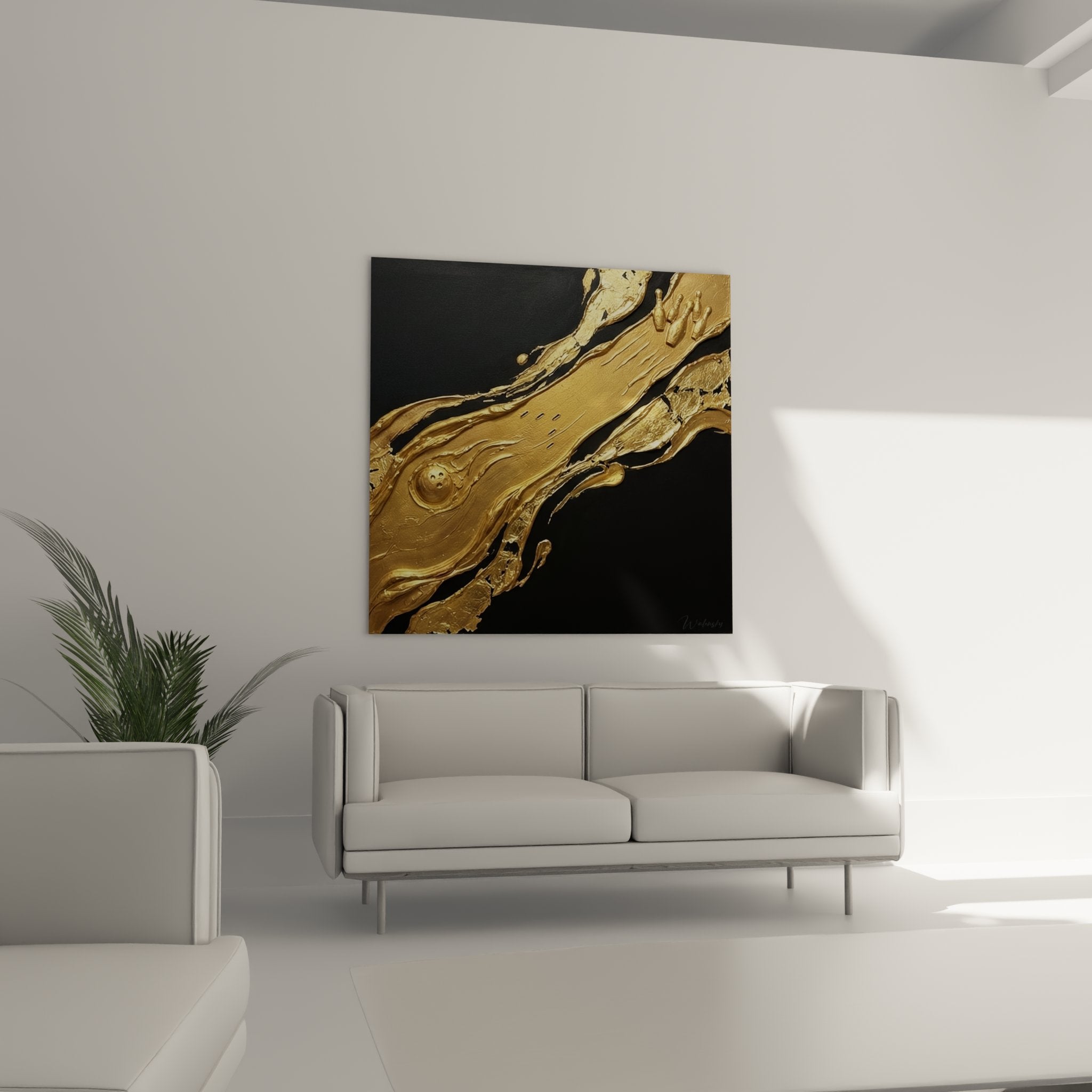 Close-up of thick golden paint texture, fluid golden impasto strokes on abstract bowling art canvas