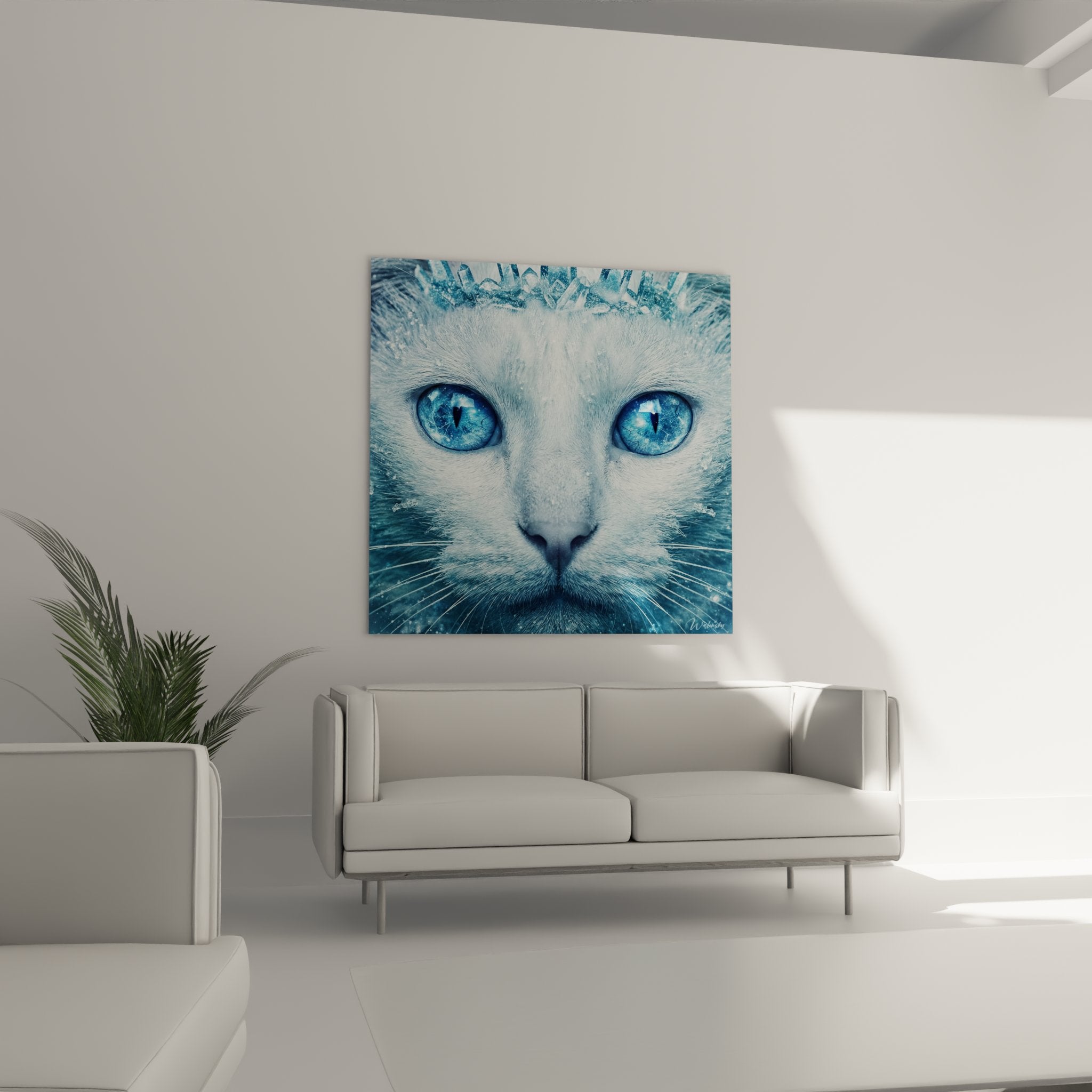 Gros plan yeux bleus cristallins chat Khao Manee blanc avec details cristaux de glace et moustaches givrees