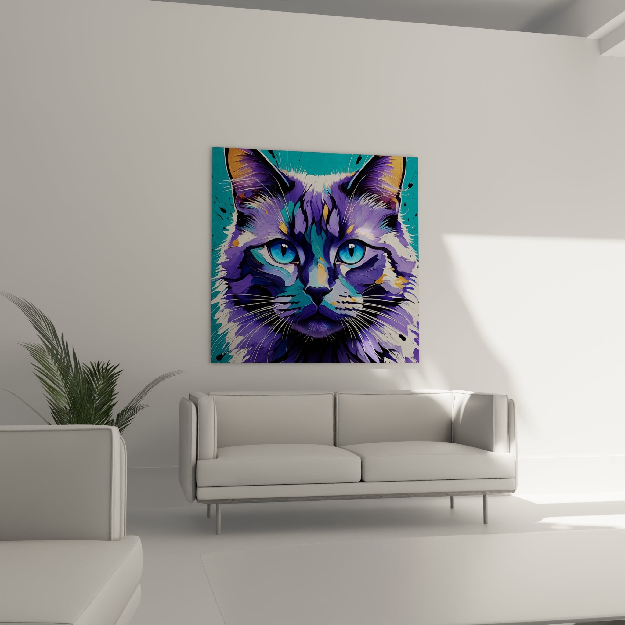 Close-up Birman cat artwork blue eyes purple turquoise modern painting artistic details
