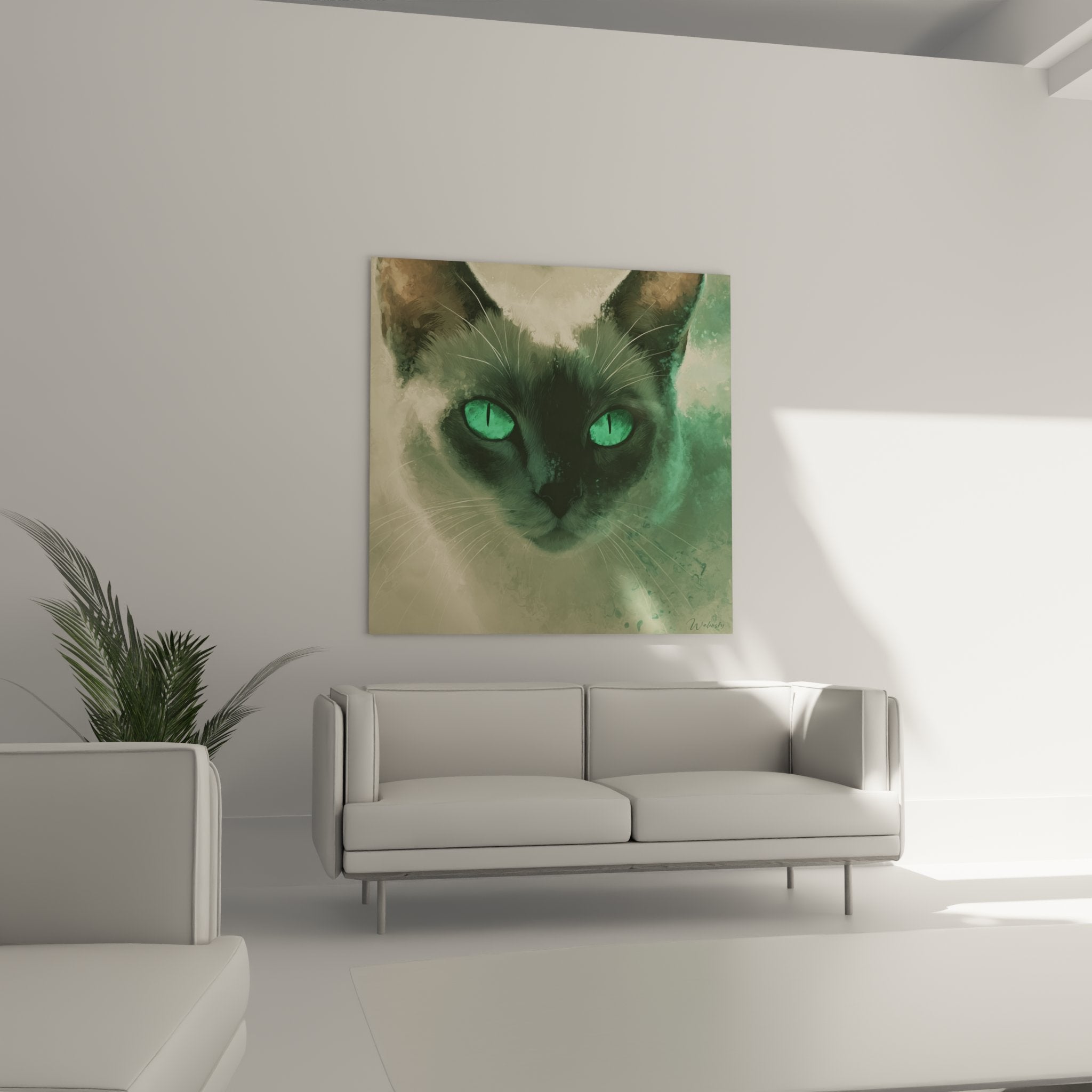Gros plan sur les yeux verts hypnotiques du chat dans ce tableau d'art félin aux détails saisissants