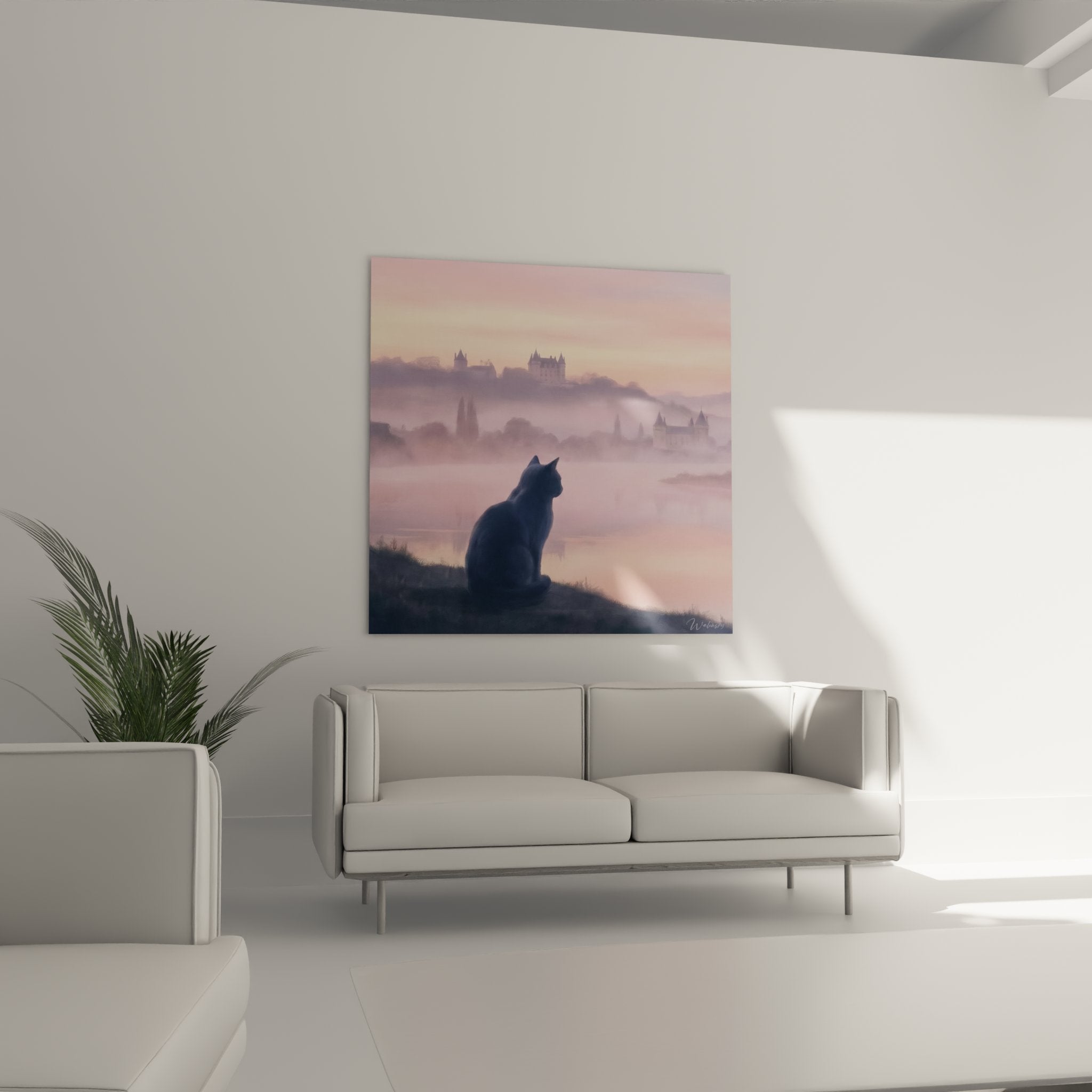 Detail tableau chat Chartreux silhouette bleue contrastant ciel rose brume matinale paysage feerique