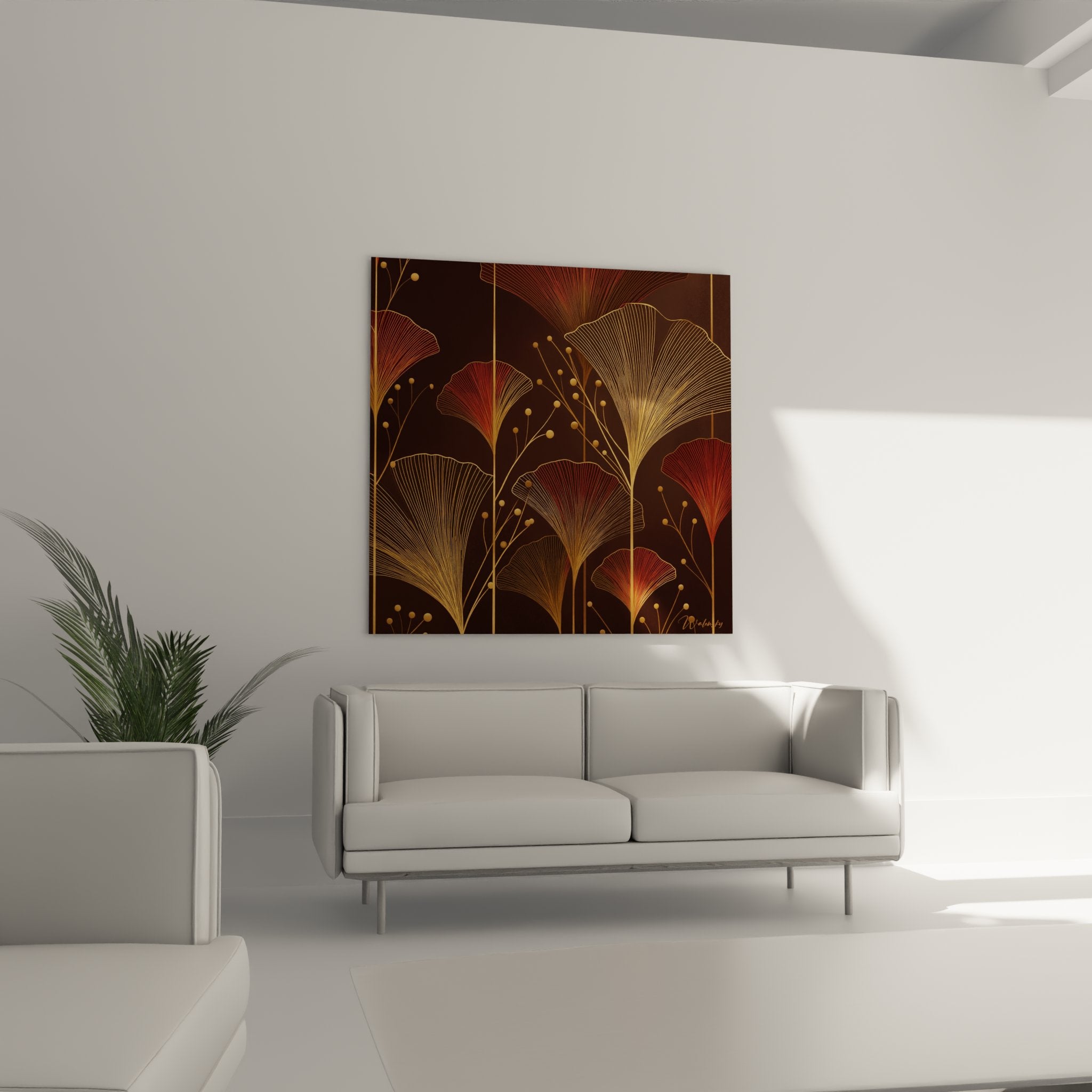 Detail feuilles de ginkgo dorees nervures fines style art deco motifs geometriques couleurs cuivrees