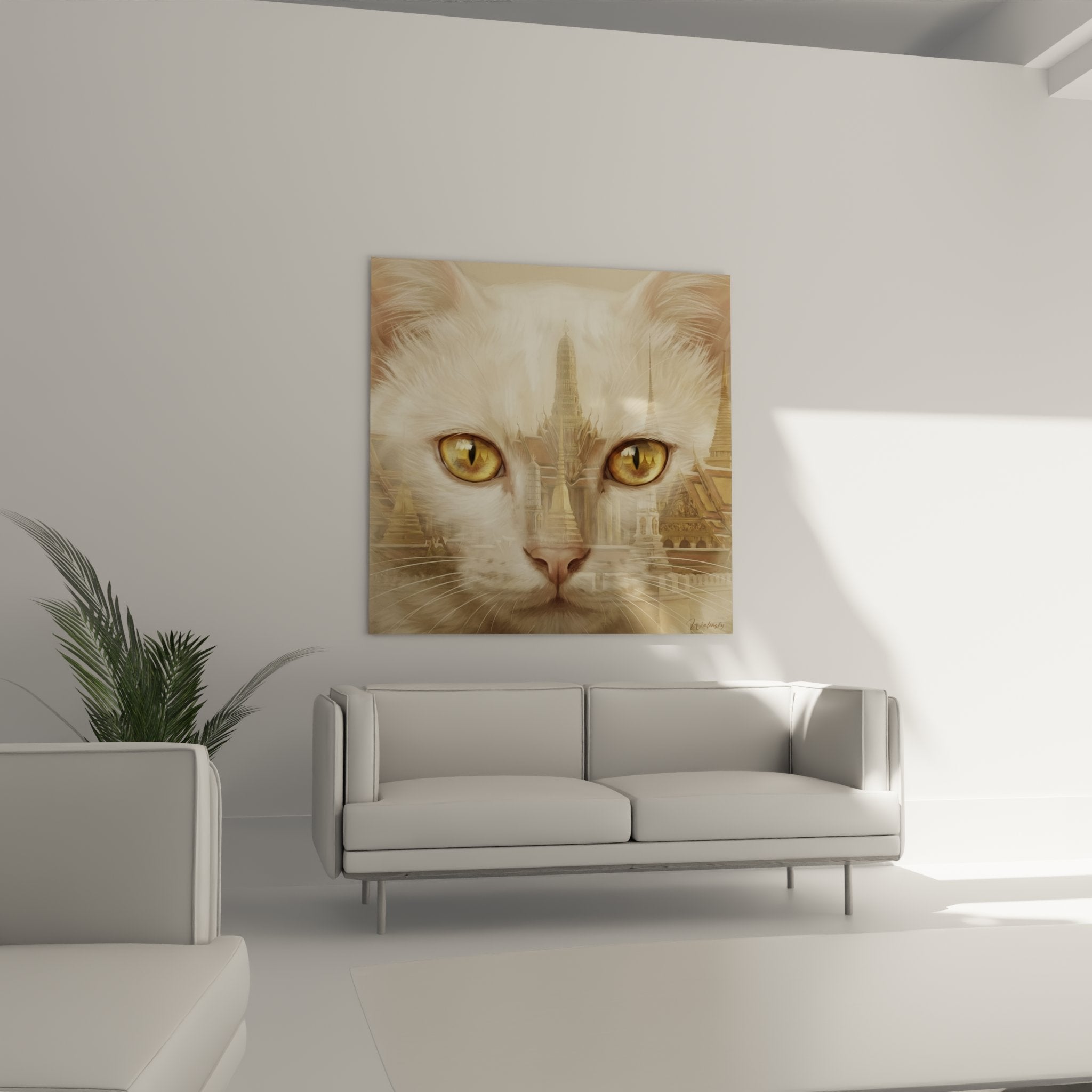 Gros plan tableau chat Khao Manee yeux ambre dores regard intense art mural felin