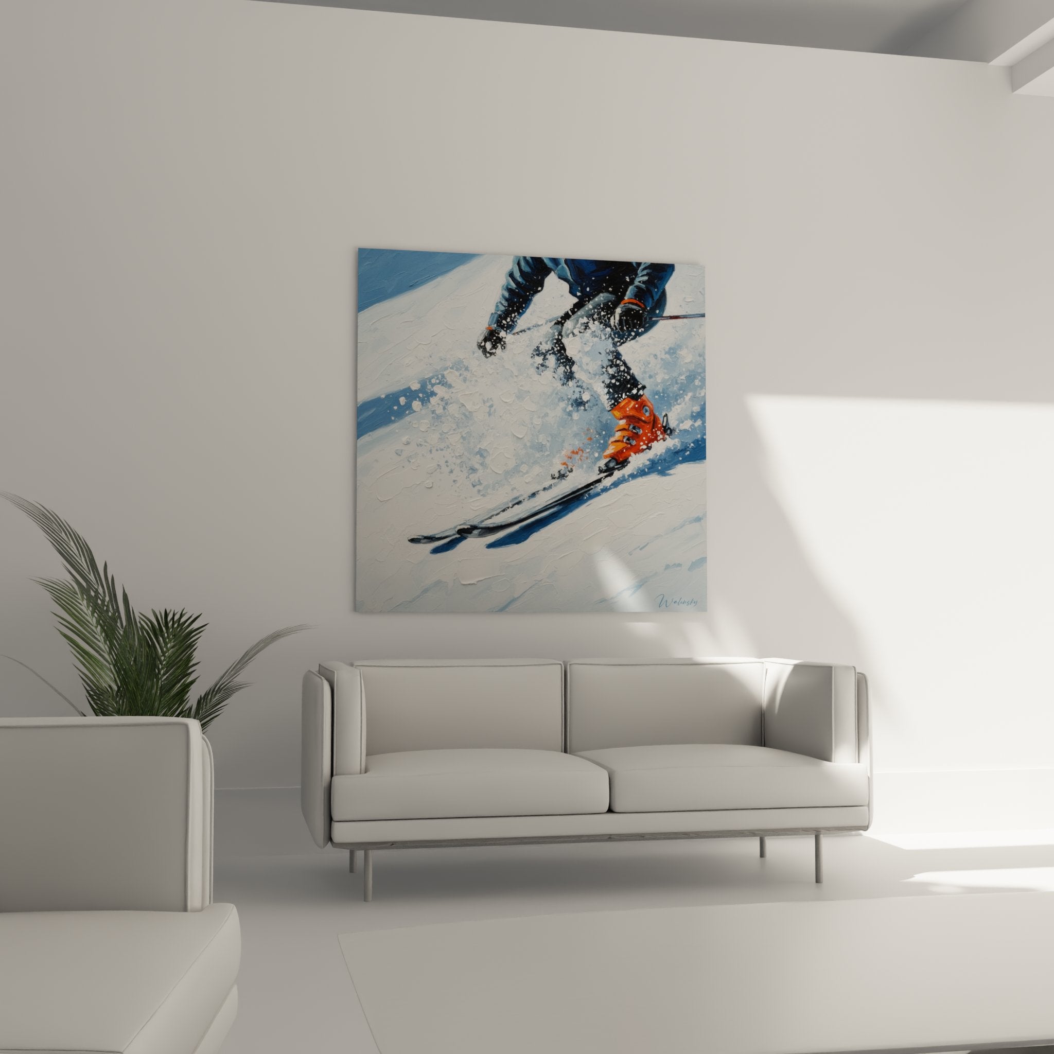 Détail rapproché du tableau montrant la technique picturale et les chaussures orange du skieur