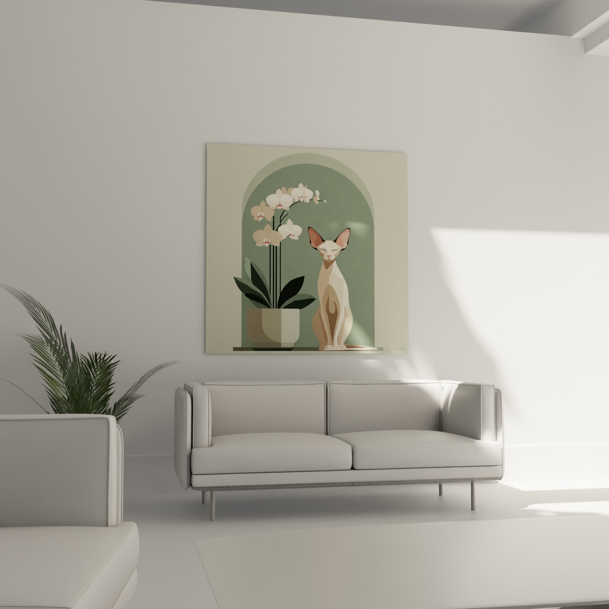 Dettaglio del gatto Sphynx crema con gli occhi chiusi vicino ai fiori di orchidee bianche, espressione serena