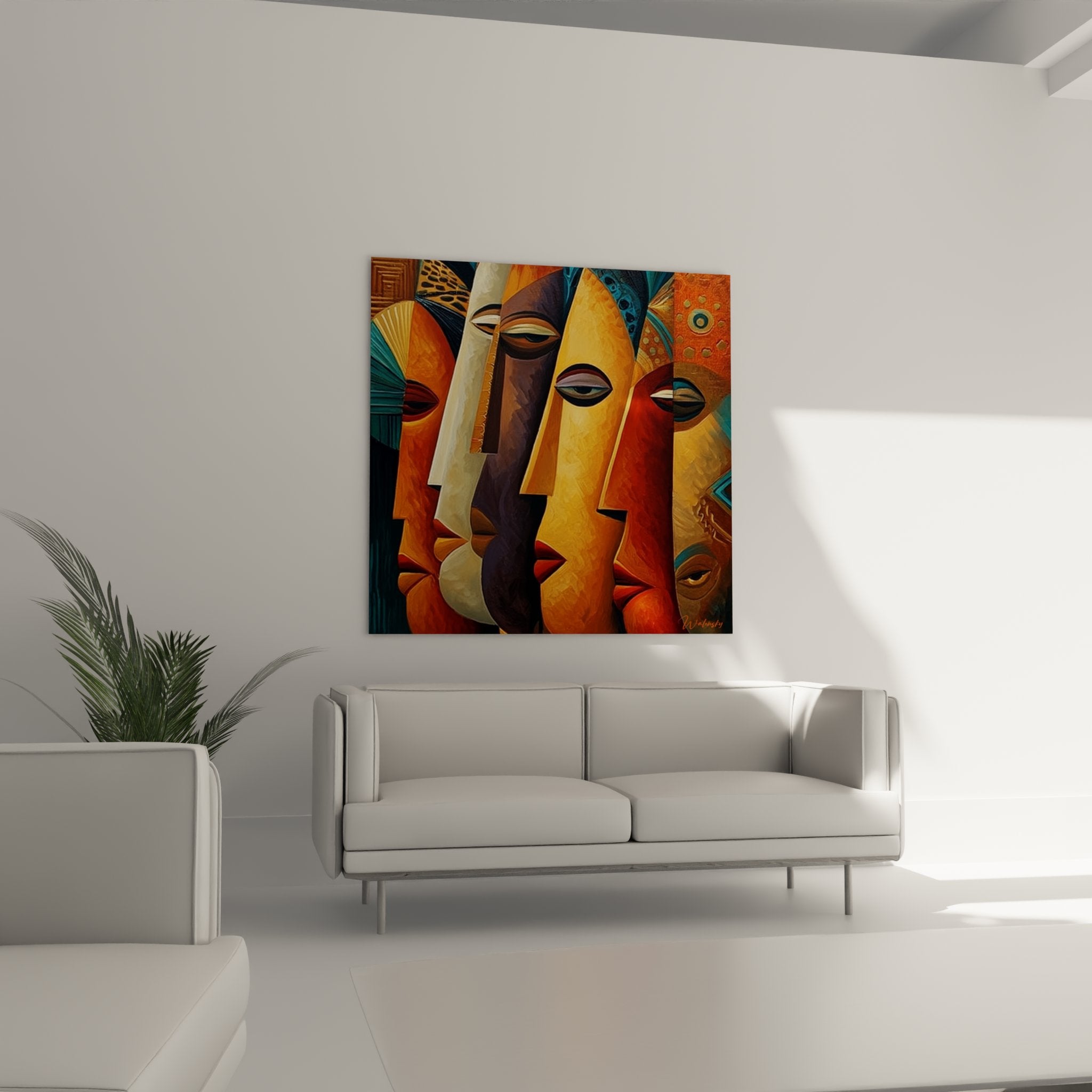 Dettaglio ravvicinato dei volti stilizzati e dei motivi tradizionali del dipinto maschere africane contemporanee