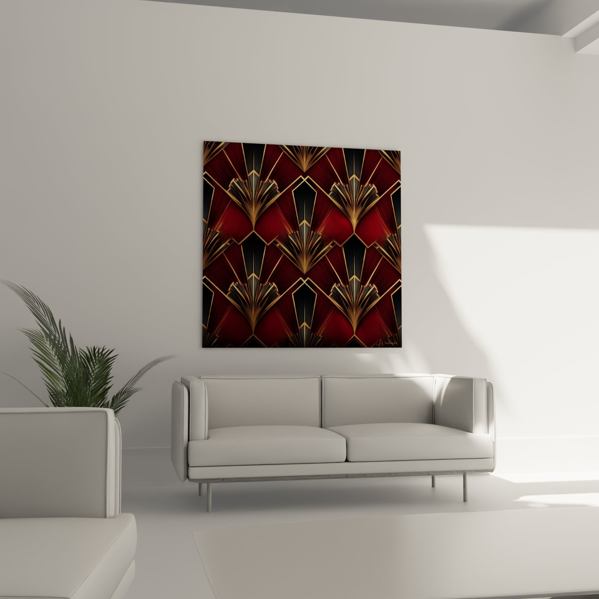 Détail motifs éventails dorés art déco, lignes géométriques rayonnantes sur fond bordeaux