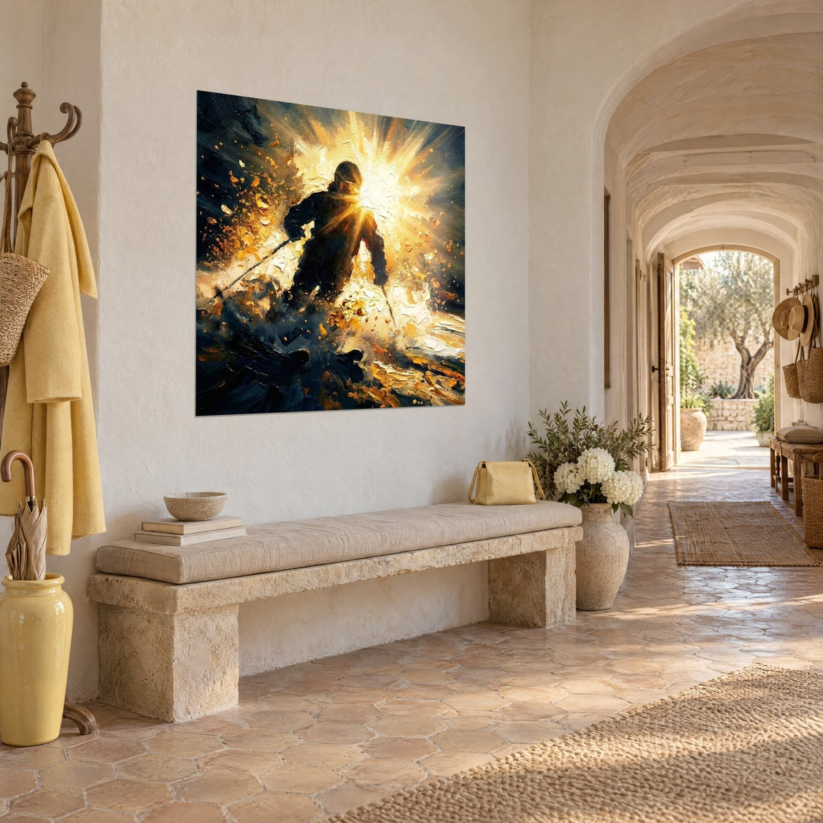 Schilderij van een afdaling door poedersneeuw, een bleekgele lichtster en okerkleurige glinsteringen op een nachtblauwe achtergrond, gewelfde gang van een Provençaals landhuis