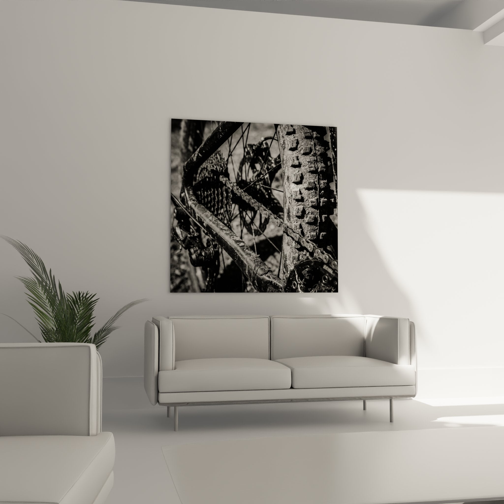 Artistic close-up of muddy mountain bike chain and chainring in contrasting black and white photography